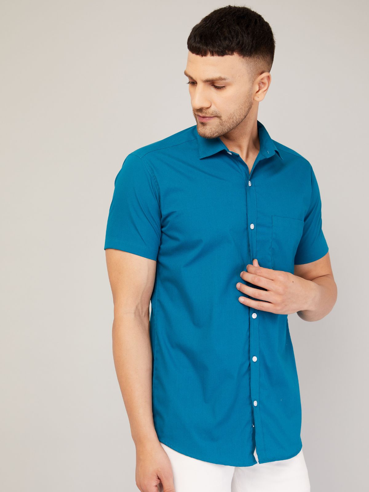 Louis Monarch Men Regular Fit Solid Airforce Spread Collar Casual Half Shirt