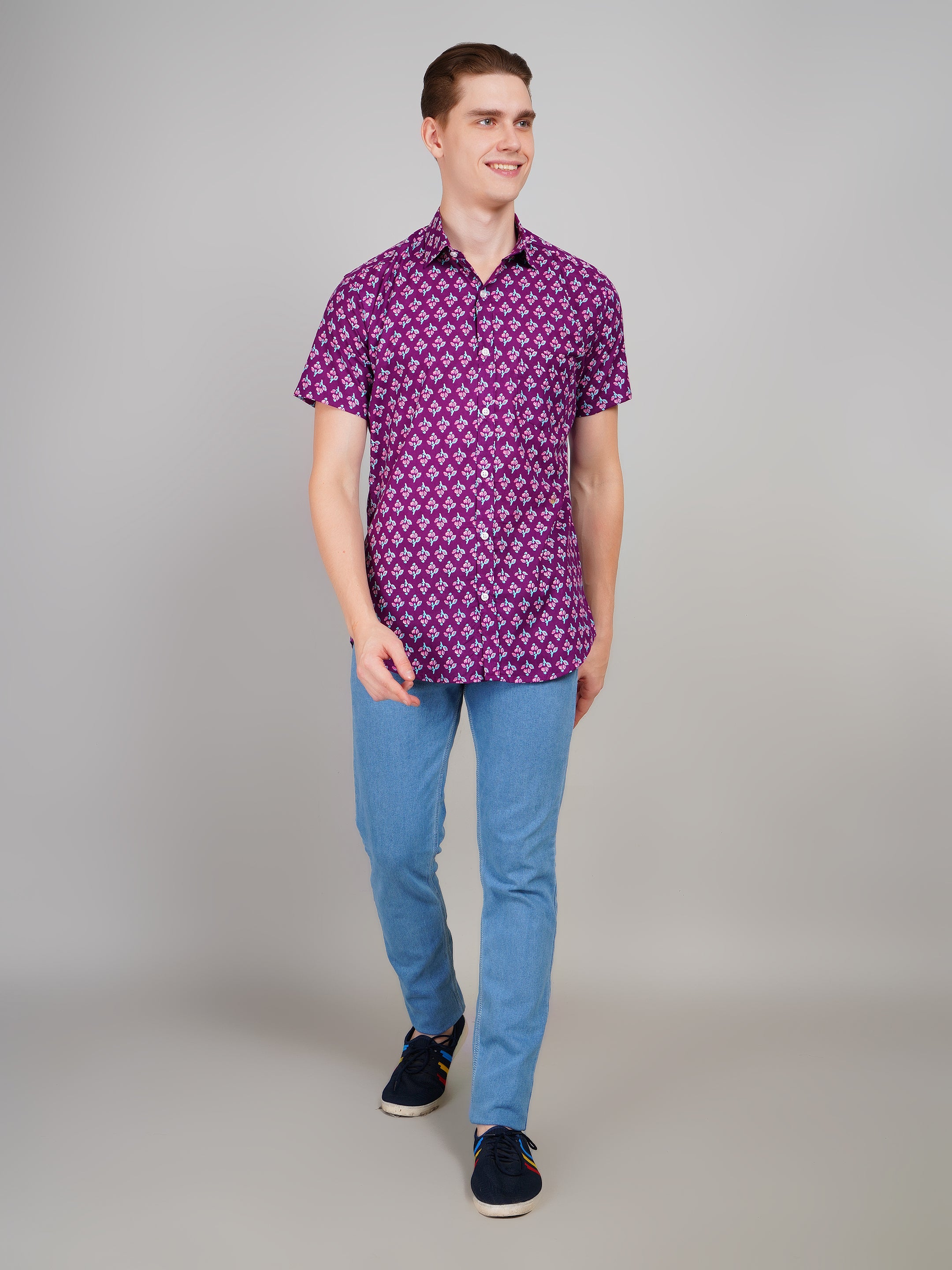 Louis Monarch Premium Purple Jaipuri Printed Cotton Casual Shirt