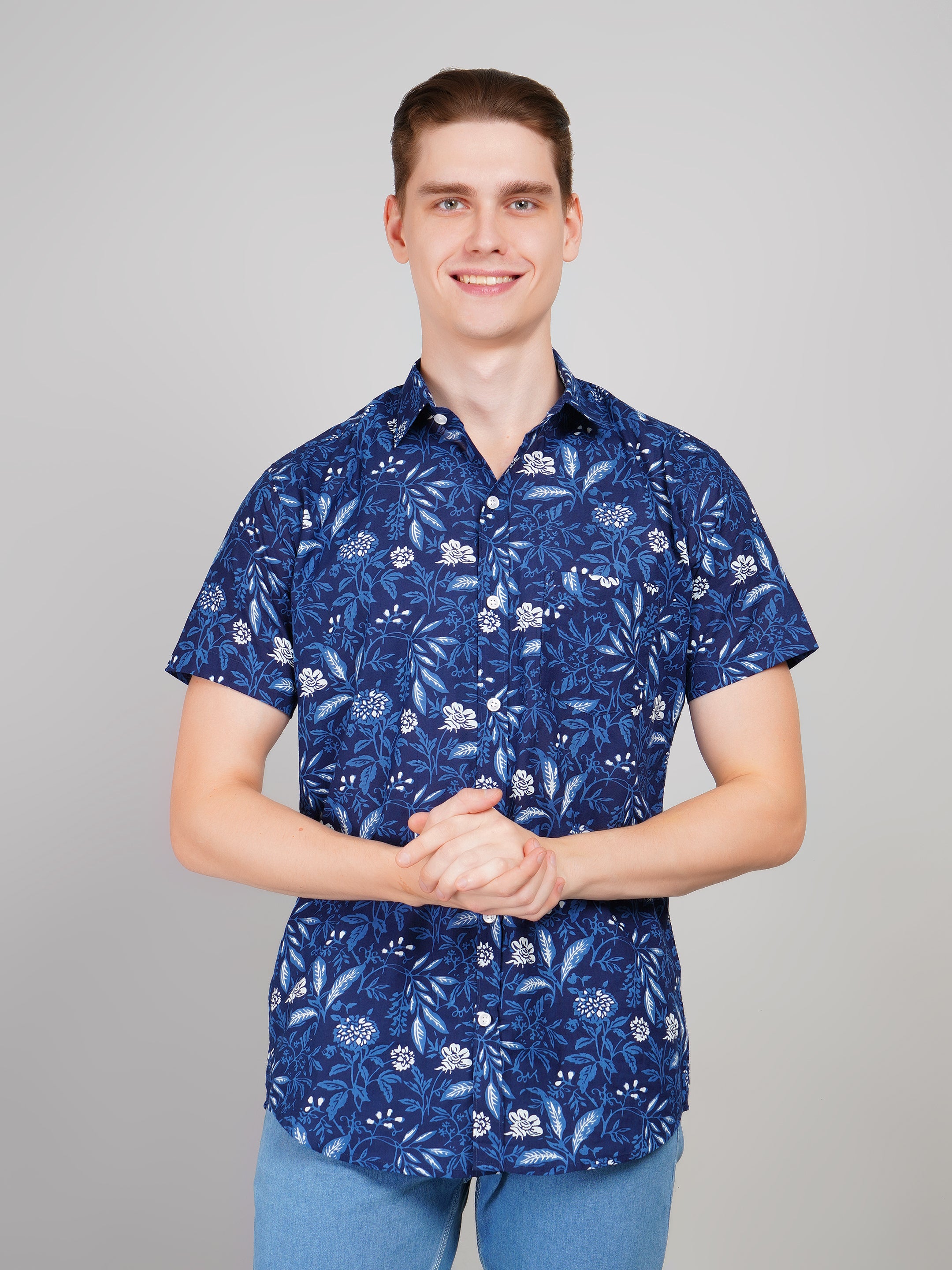 Louis Monarch Premium Navy Blue Jaipuri Printed Cotton Casual Shirt