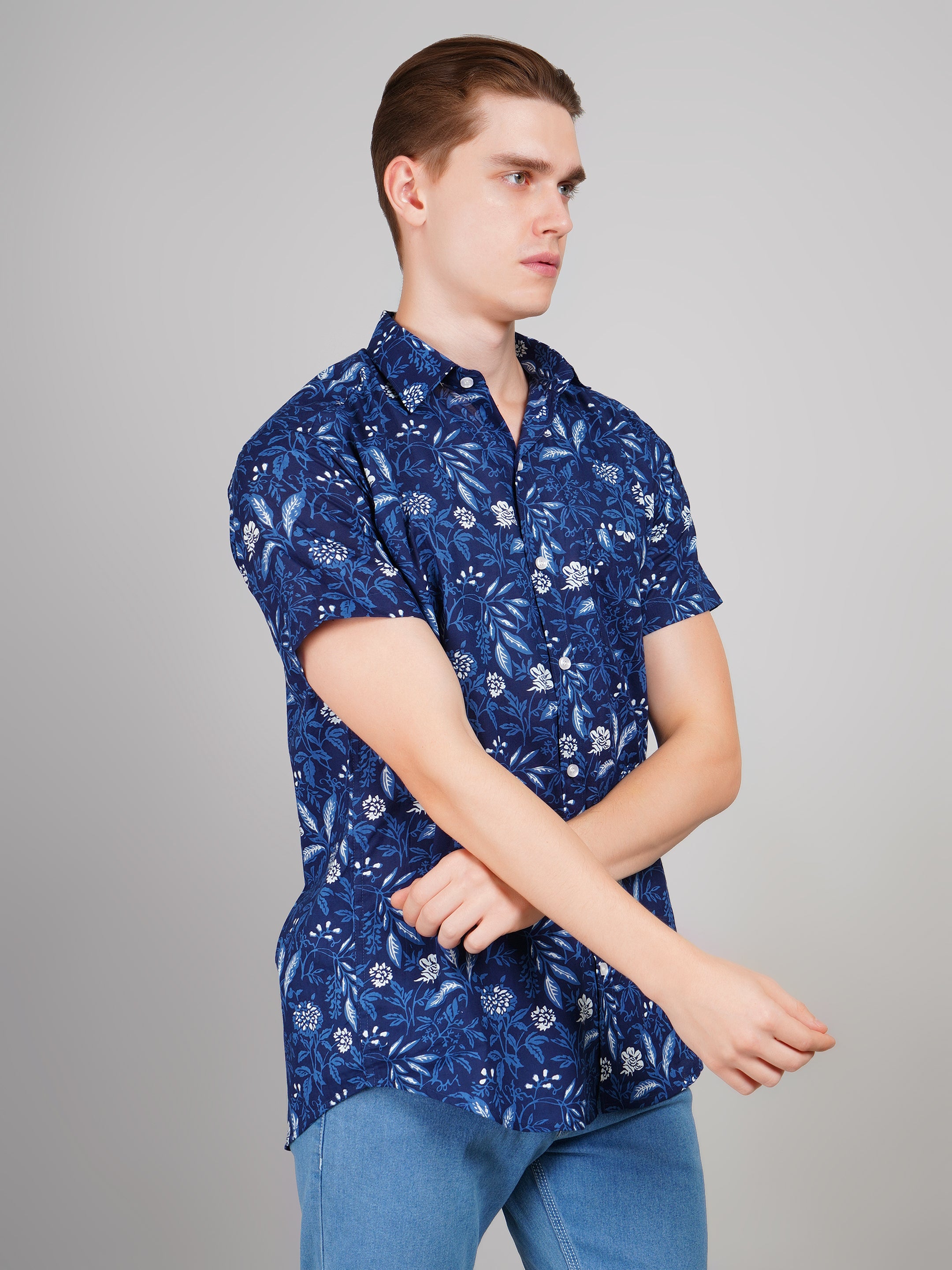 Louis Monarch Premium Navy Blue Jaipuri Printed Cotton Casual Shirt