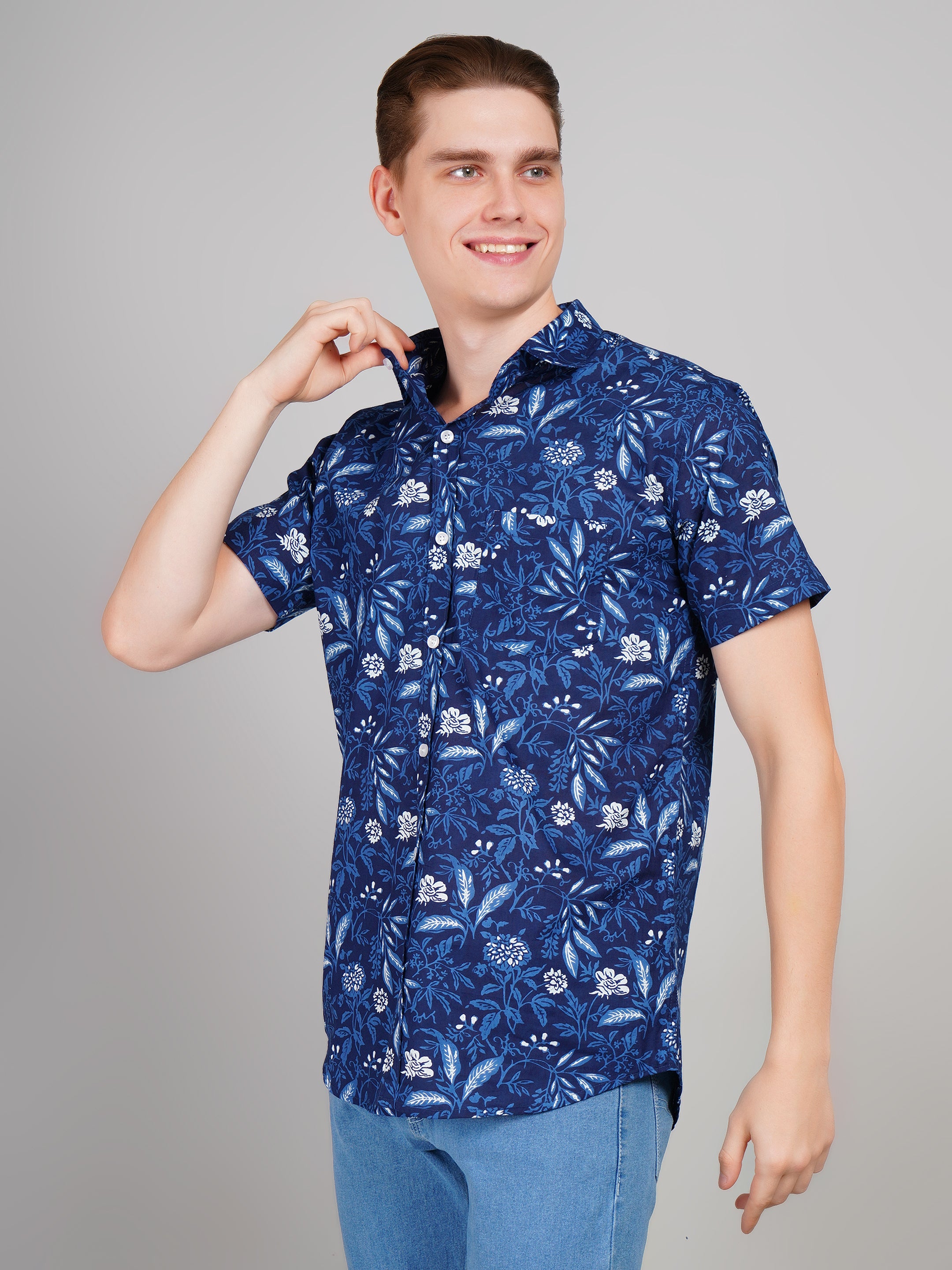 Louis Monarch Premium Navy Blue Jaipuri Printed Cotton Casual Shirt