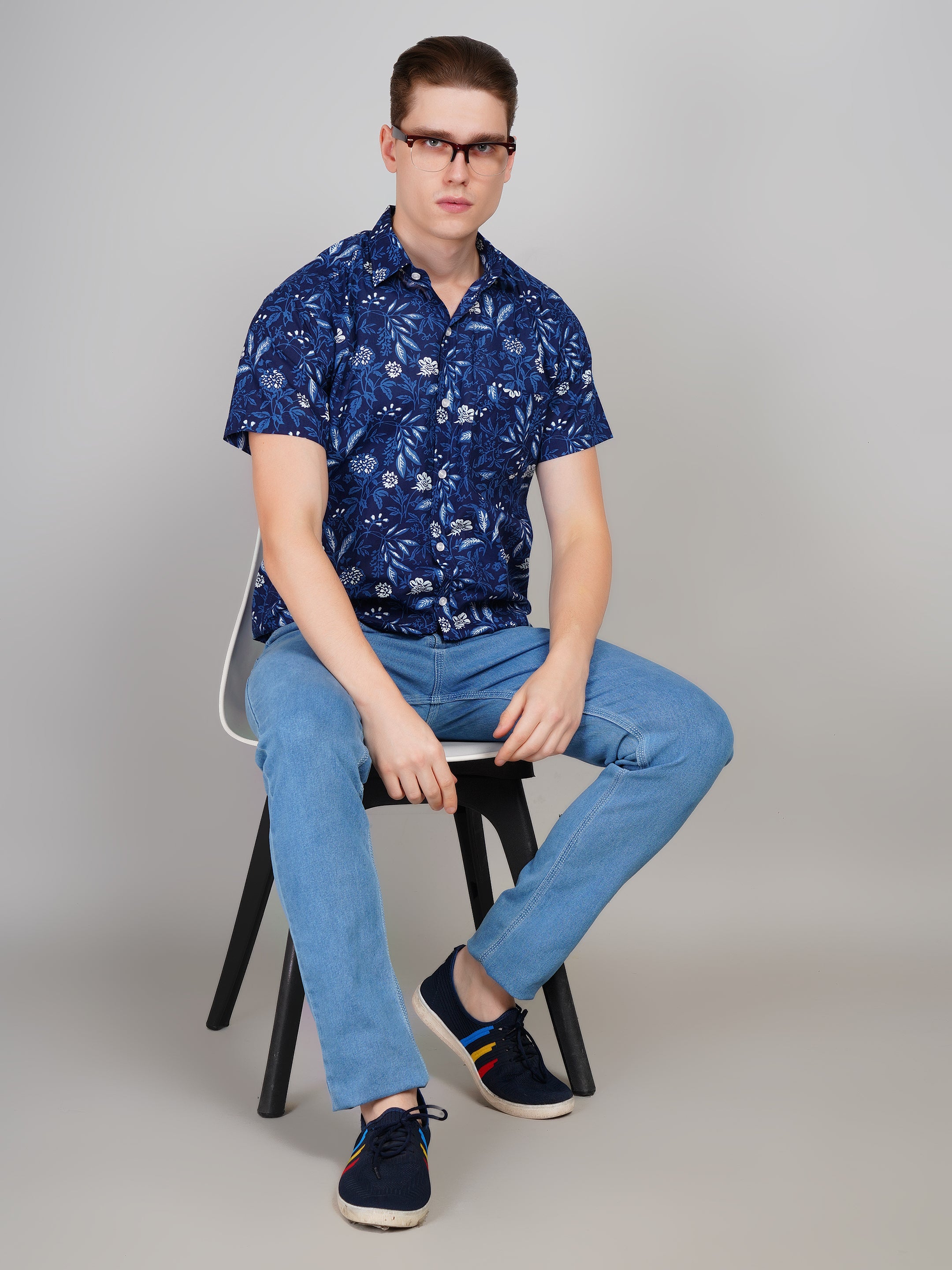 Louis Monarch Premium Navy Blue Jaipuri Printed Cotton Casual Shirt