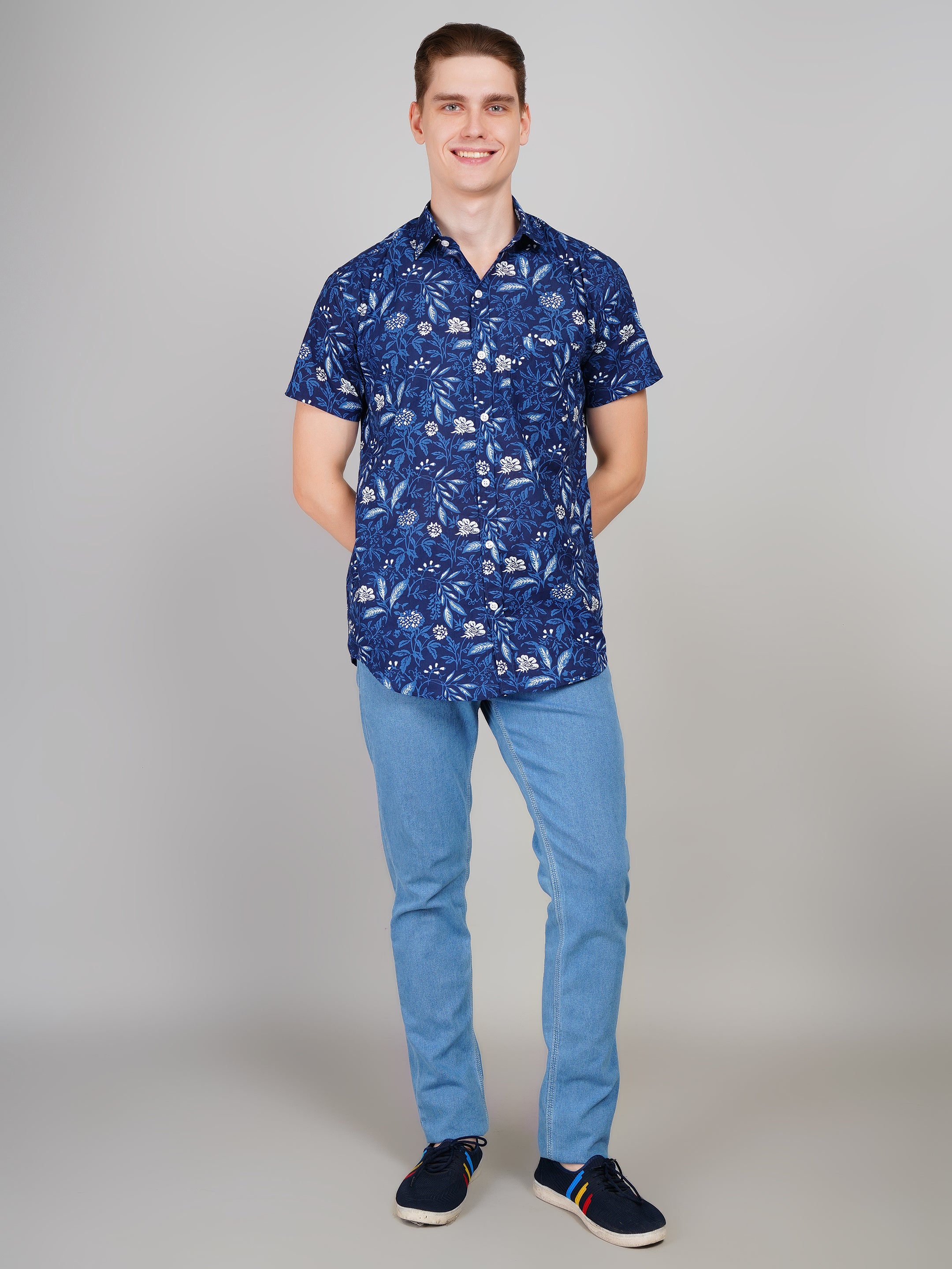 Louis Monarch Premium Navy Blue Jaipuri Printed Cotton Casual Shirt