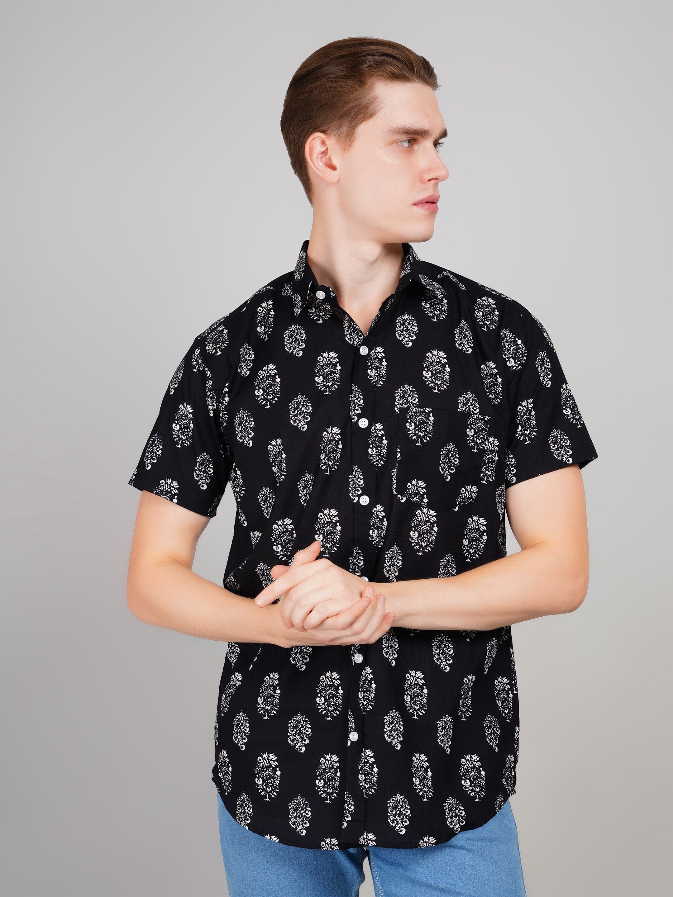 Louis Monarch Premium Black Jaipuri Printed Cotton Casual Shirt