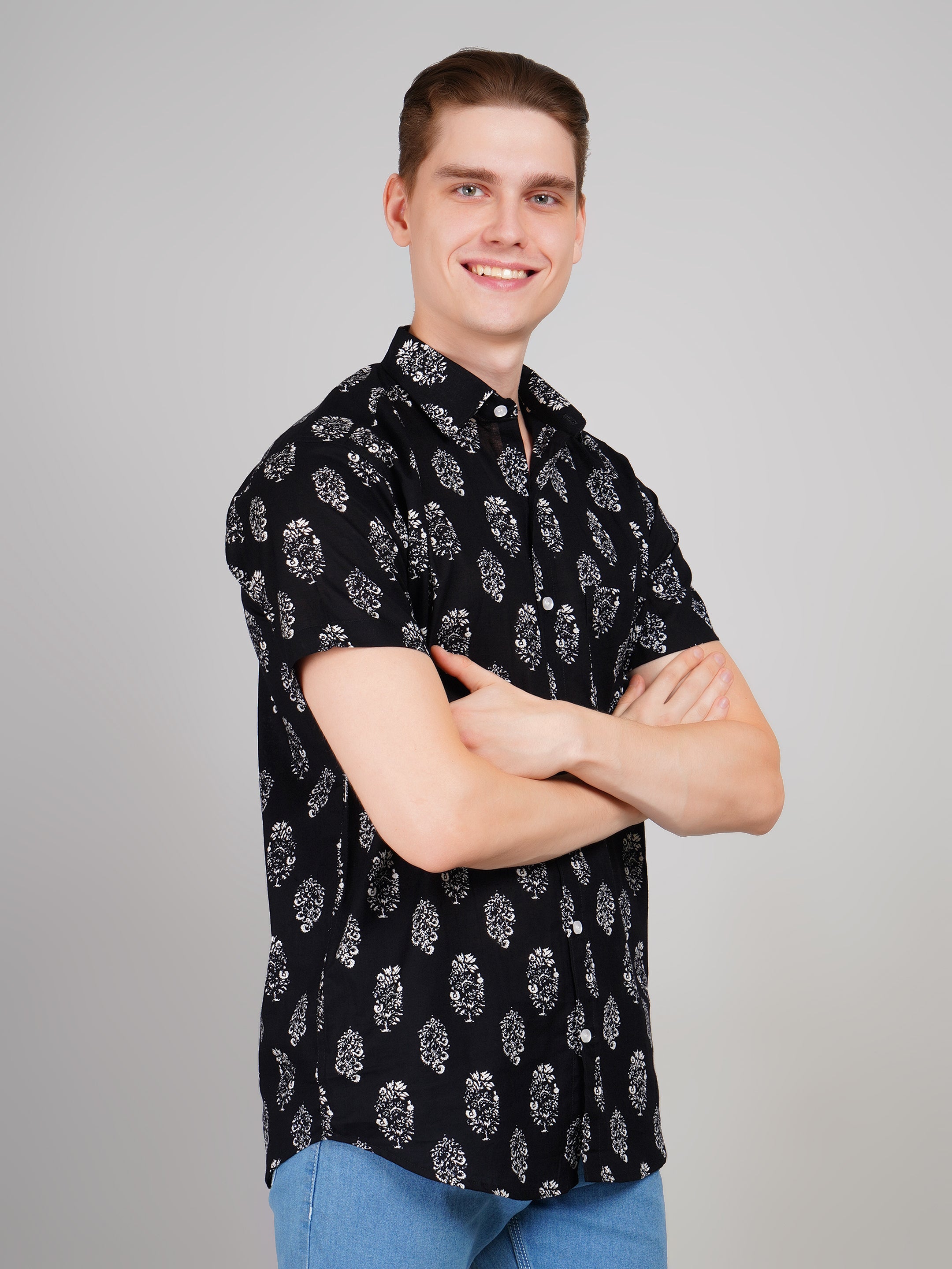 Louis Monarch Premium Black Jaipuri Printed Cotton Casual Shirt