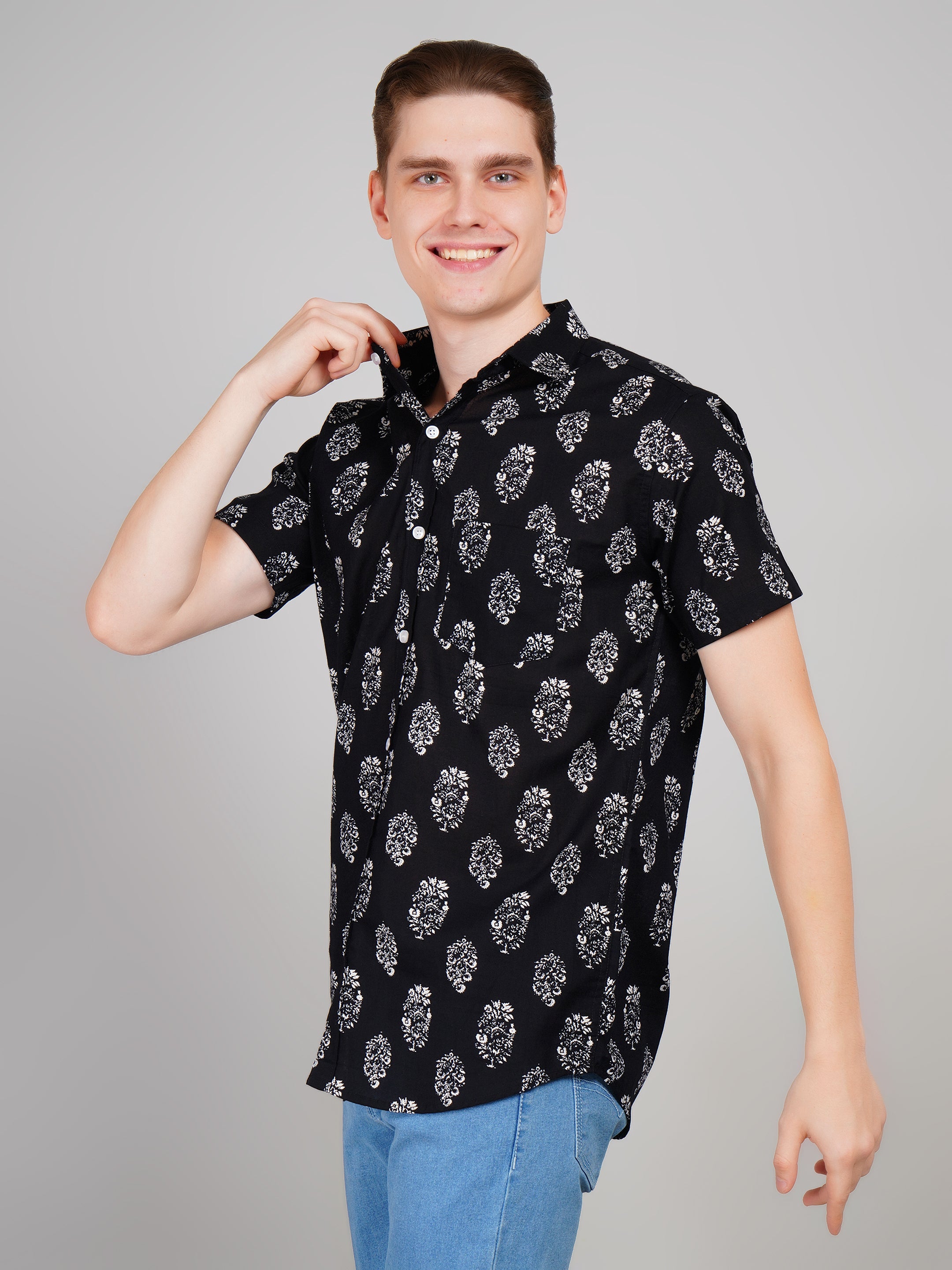 Louis Monarch Premium Black Jaipuri Printed Cotton Casual Shirt