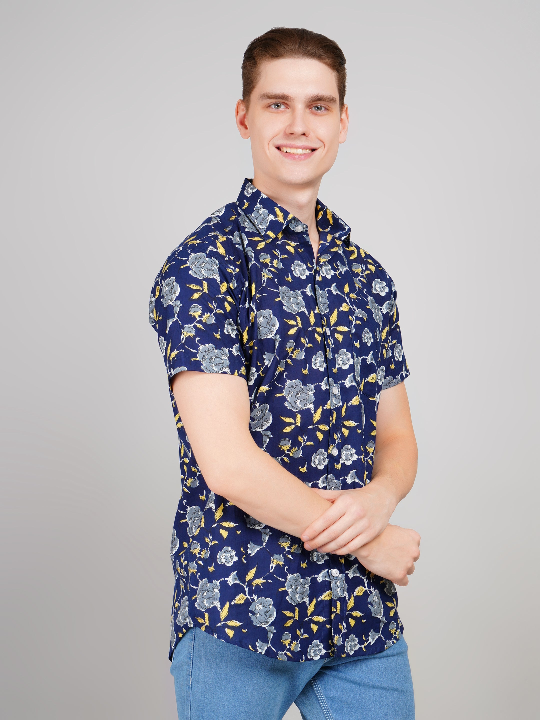 Louis Monarch Premium  Navy Blue Jaipuri Printed Cotton Casual Shirt