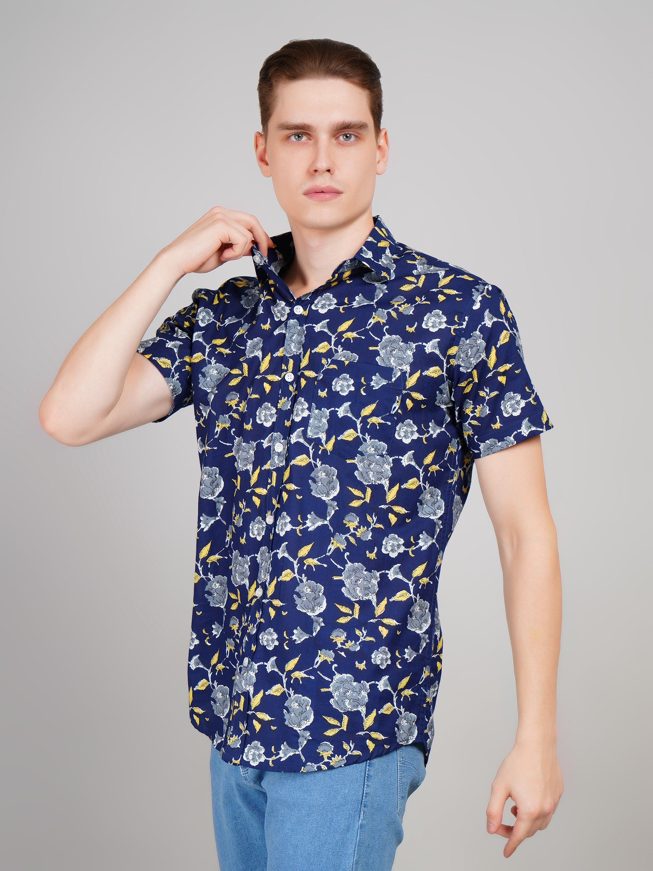 Louis Monarch Premium  Navy Blue Jaipuri Printed Cotton Casual Shirt