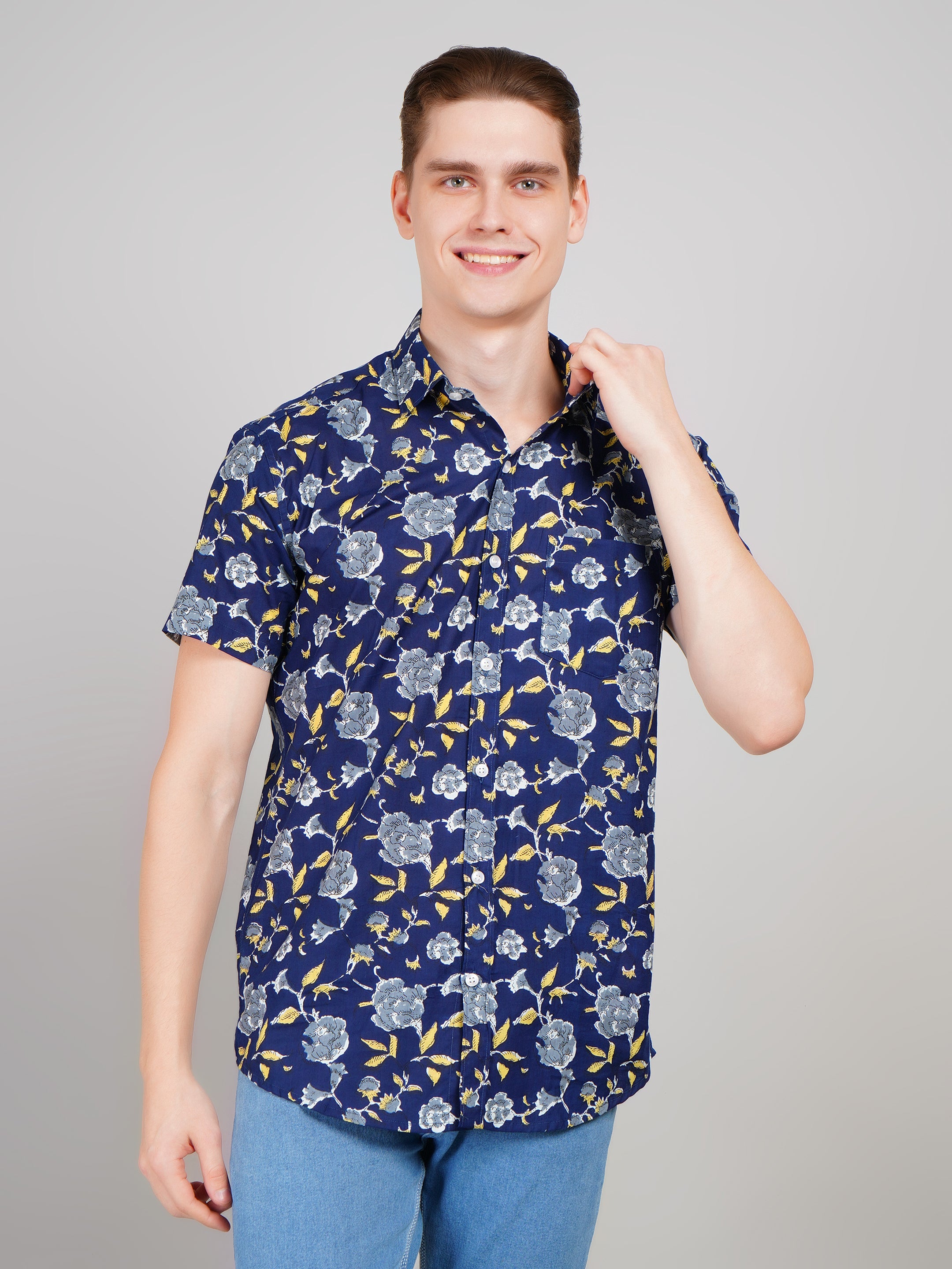 Louis Monarch Premium  Navy Blue Jaipuri Printed Cotton Casual Shirt