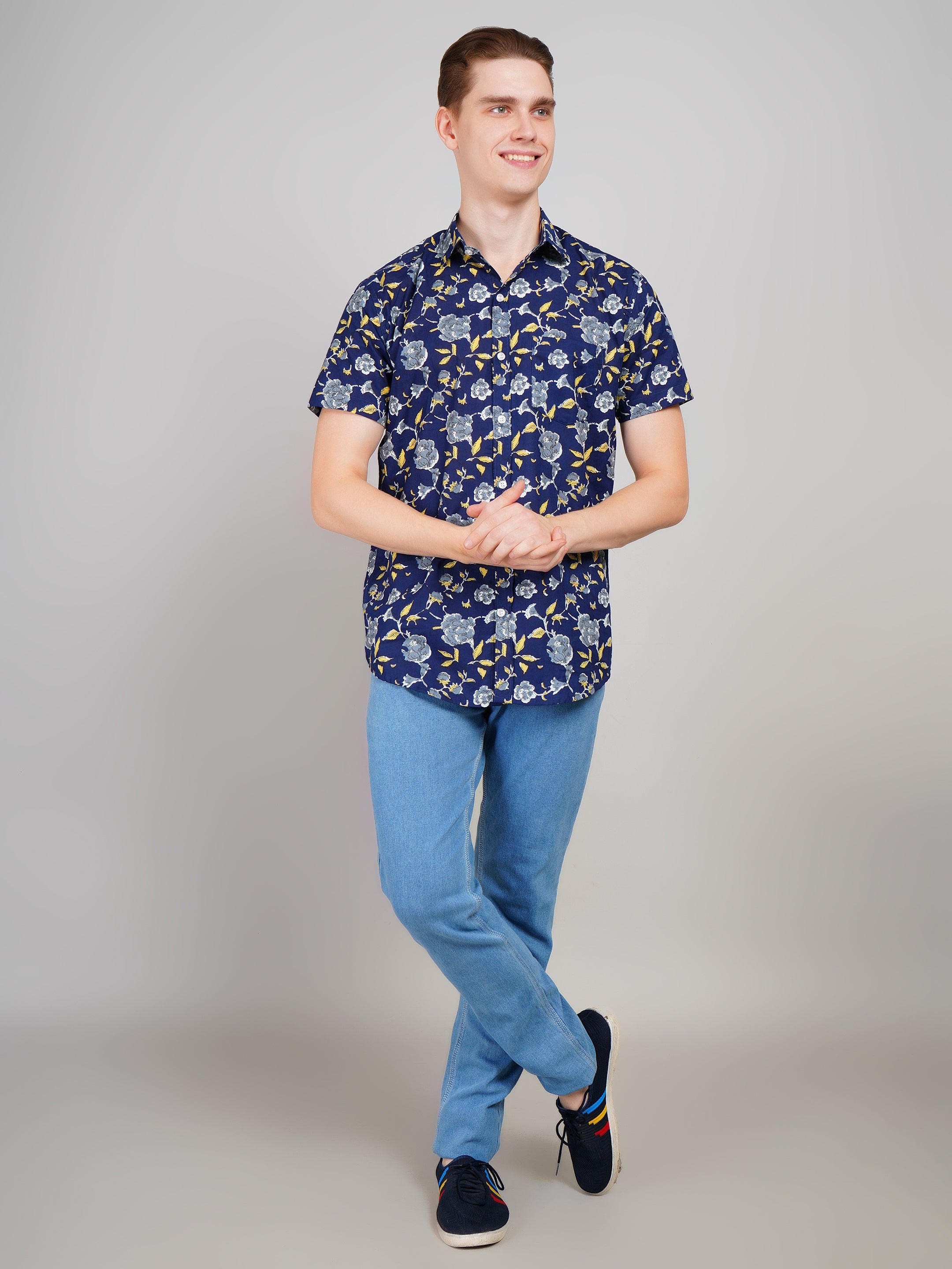 Louis Monarch Premium  Navy Blue Jaipuri Printed Cotton Casual Shirt