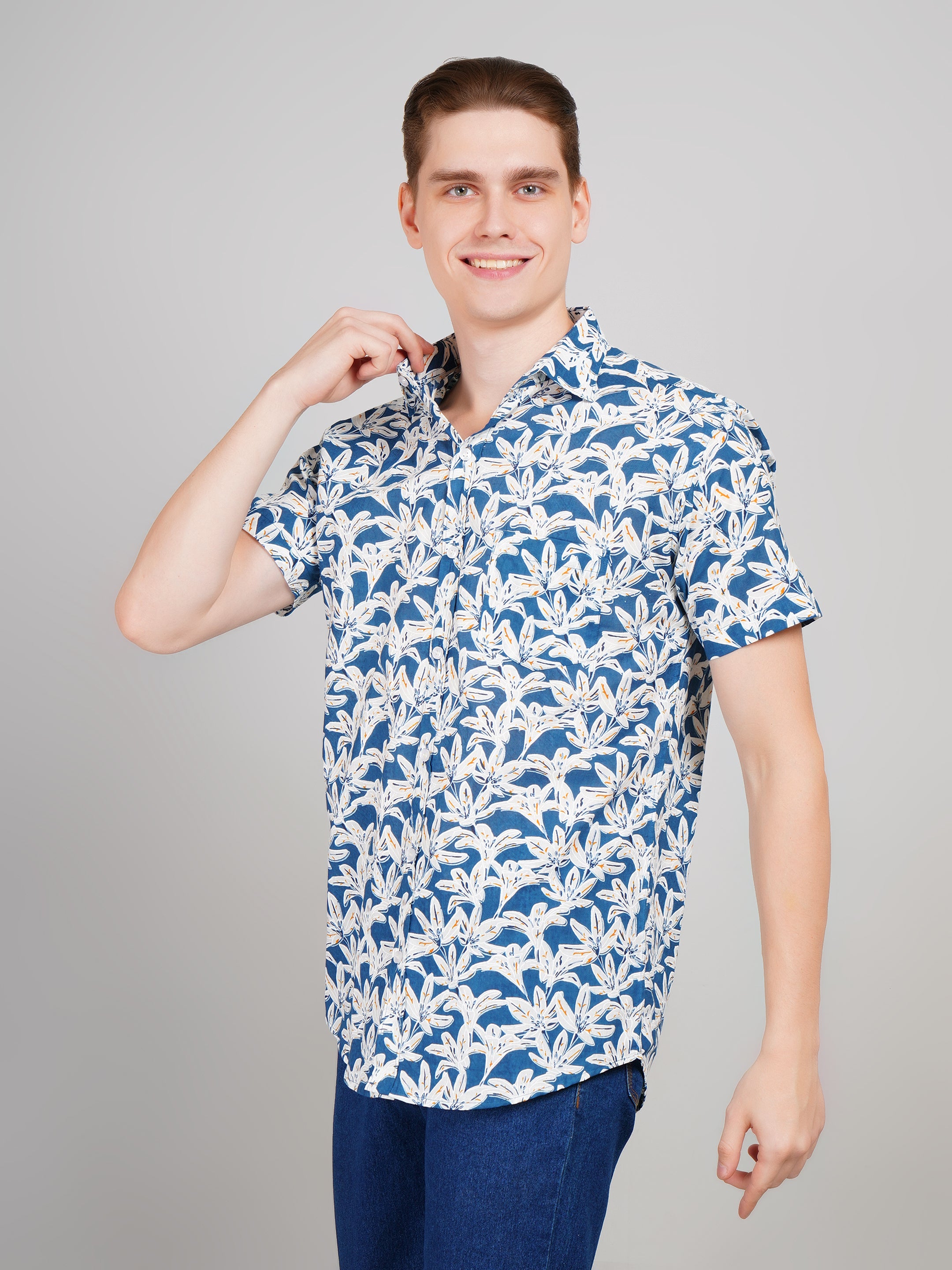 Louis Monarch Premium Light Blue Jaipuri Printed Cotton Casual Shirt