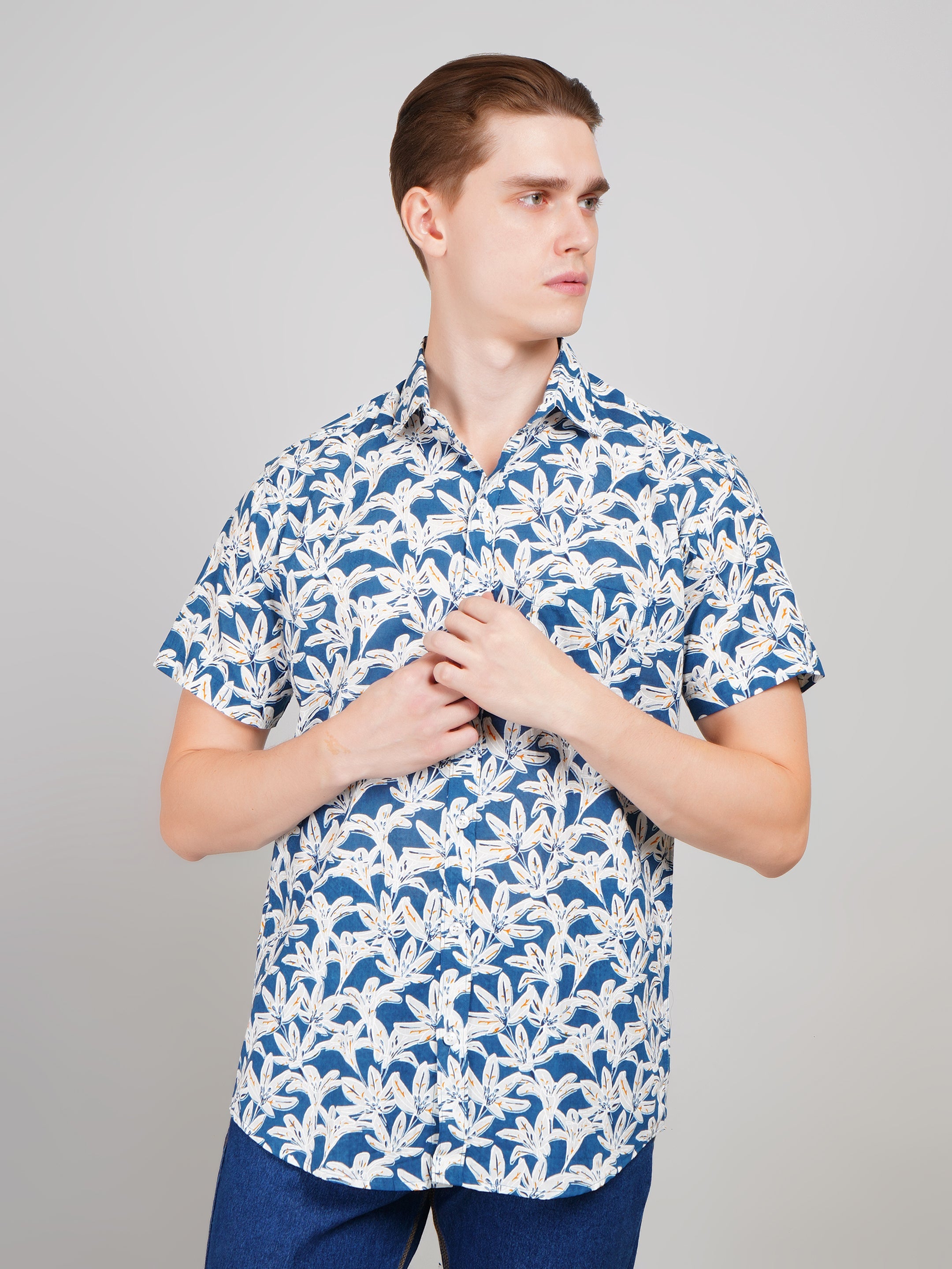 Louis Monarch Premium Light Blue Jaipuri Printed Cotton Casual Shirt