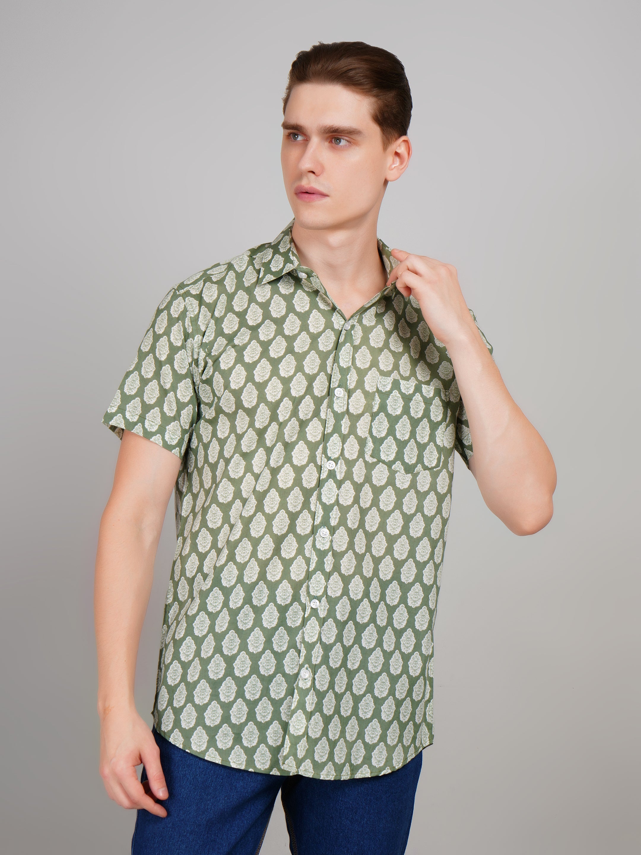 Louis Monarch Premium Light Green Jaipuri Printed Cotton Half Sleeve Casual Shirt