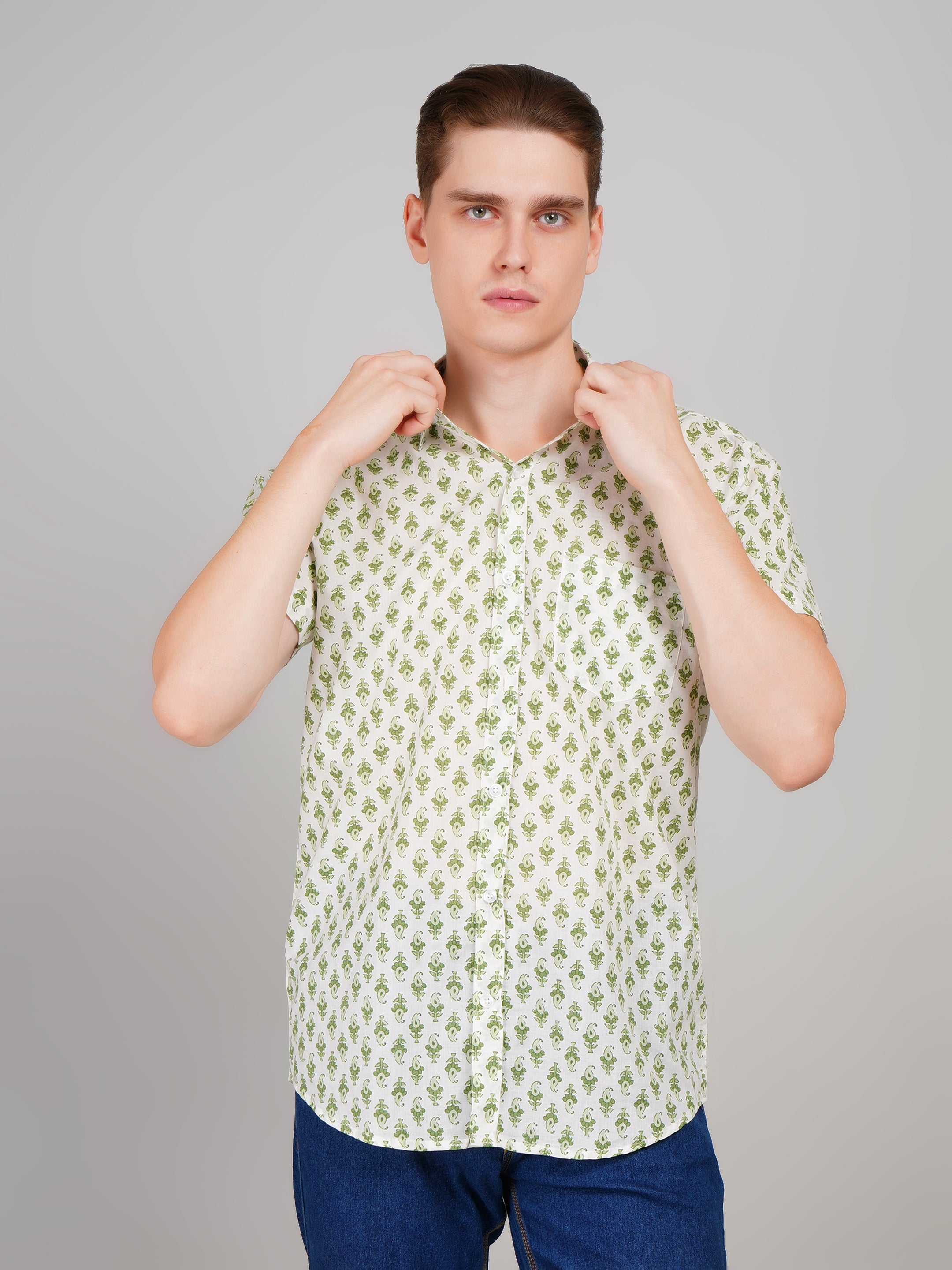 Louis Monarch Premium Jaipuri Printed Cotton Off White Half Sleeve Casual Shirt