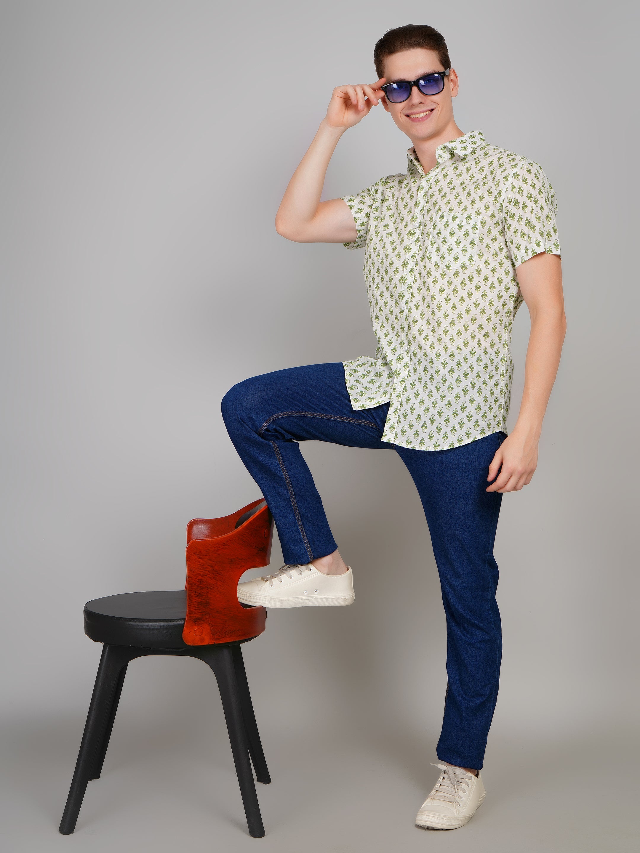 Louis Monarch Premium Jaipuri Printed Cotton Off White Half Sleeve Casual Shirt