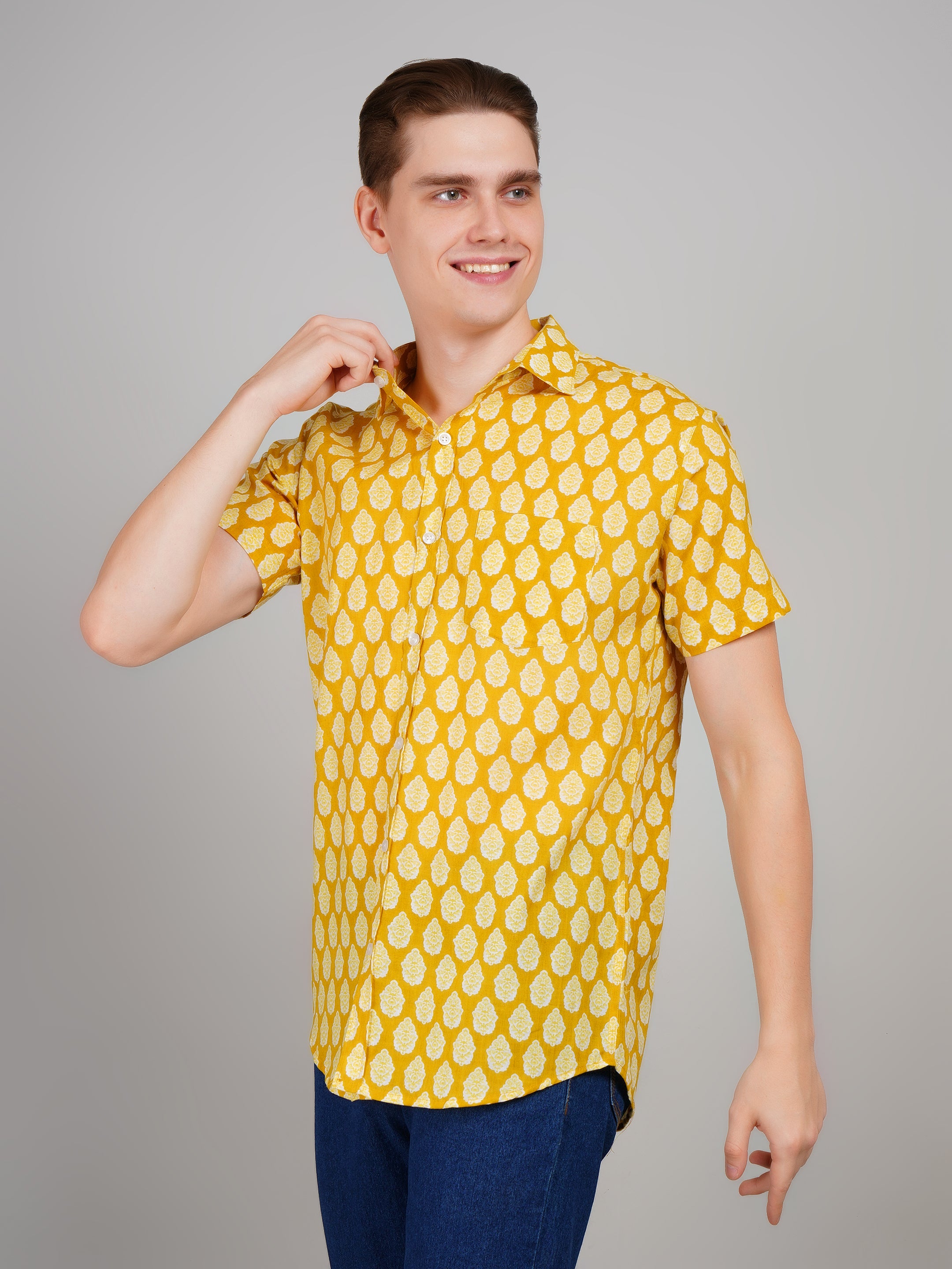 Louis Monarch Premium Jaipuri Printed Cotton Yellow Half Sleeve Casual Shirt
