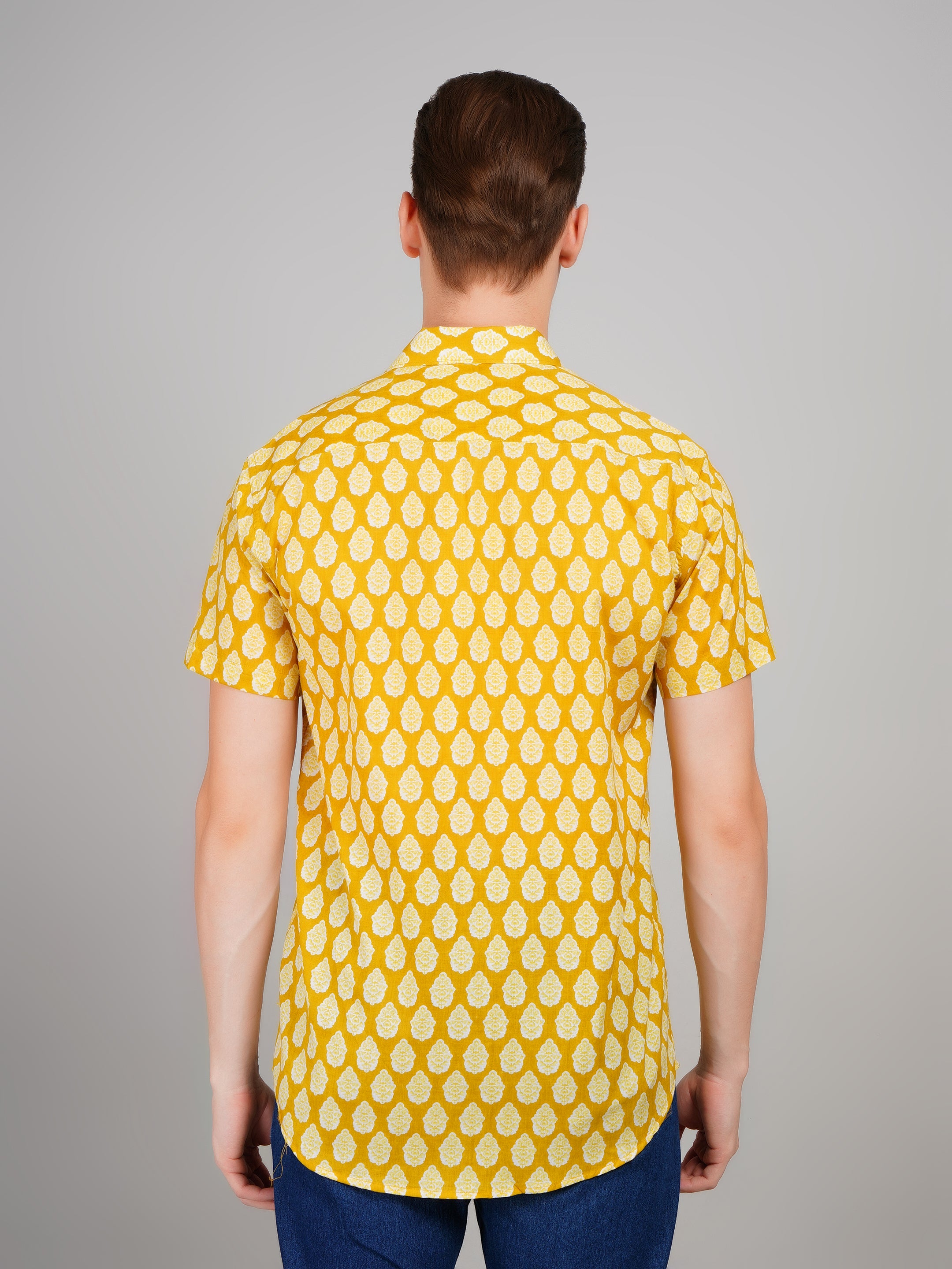 Louis Monarch Premium Jaipuri Printed Cotton Yellow Half Sleeve Casual Shirt