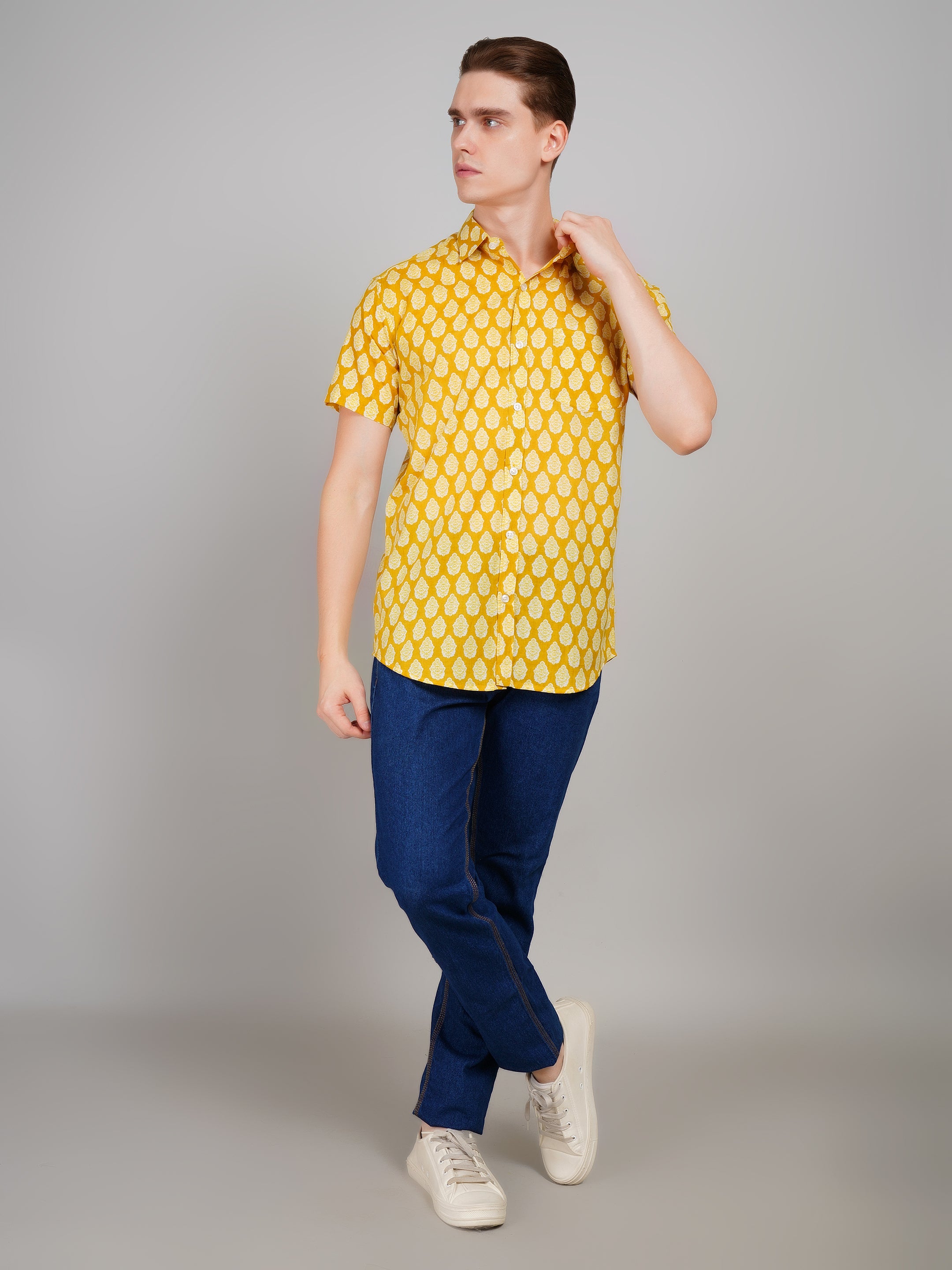 Louis Monarch Premium Jaipuri Printed Cotton Yellow Half Sleeve Casual Shirt
