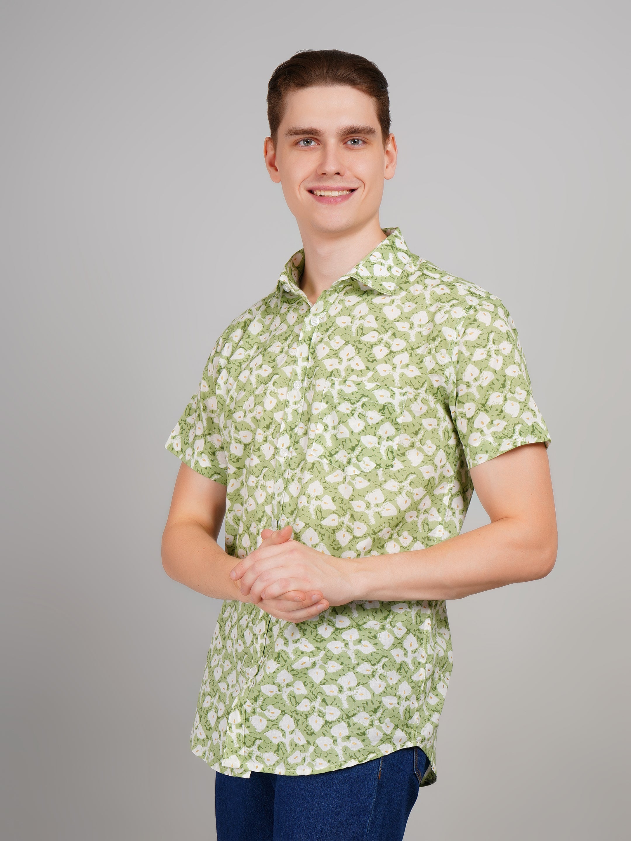 Louis Monarch Premium Jaipuri Printed Cotton Green Half Sleeve Casual Shirt