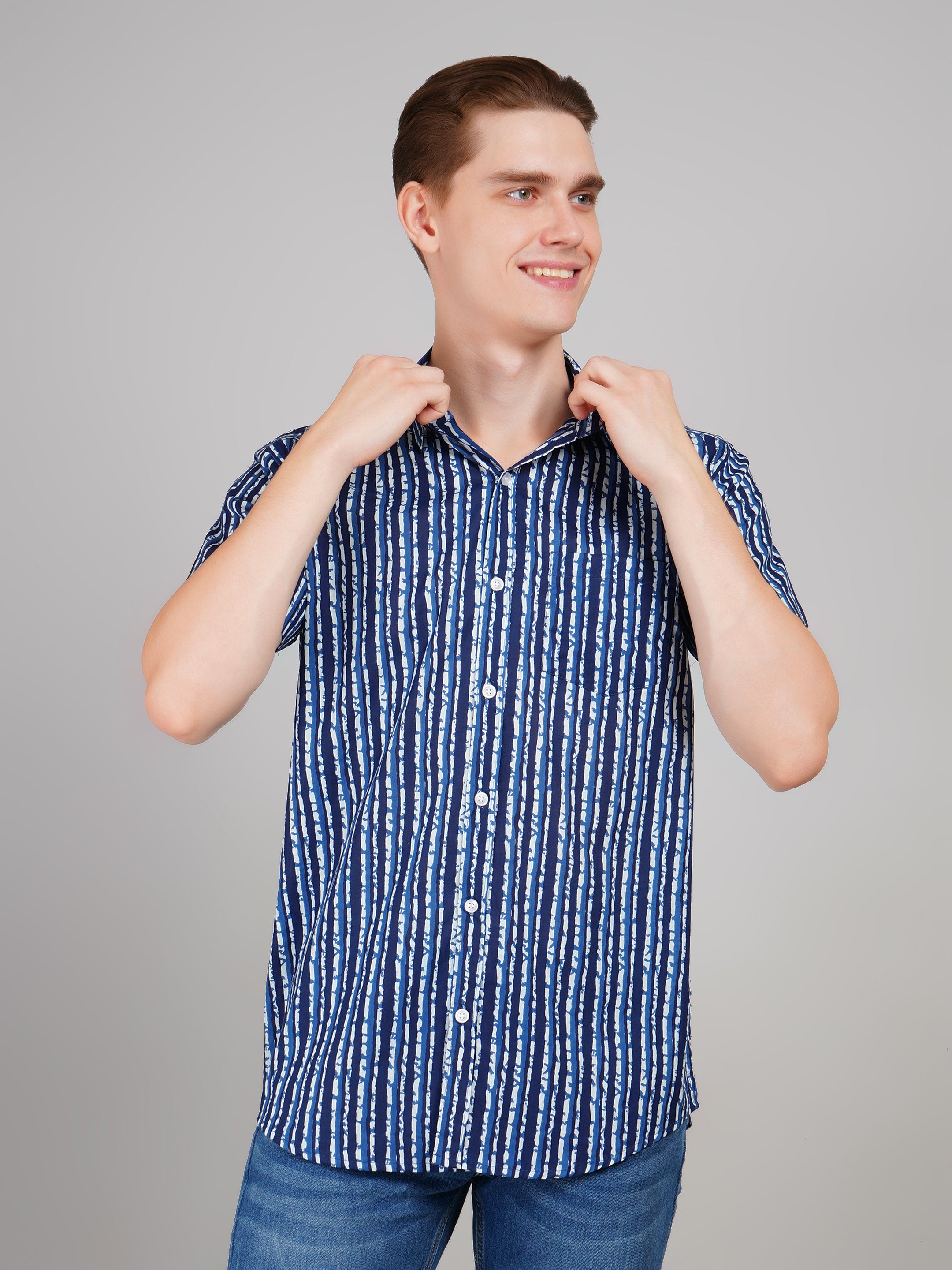 Louis Monarch Premium Jaipuri Printed Cotton Stripe Half Sleeve Casual Shirt