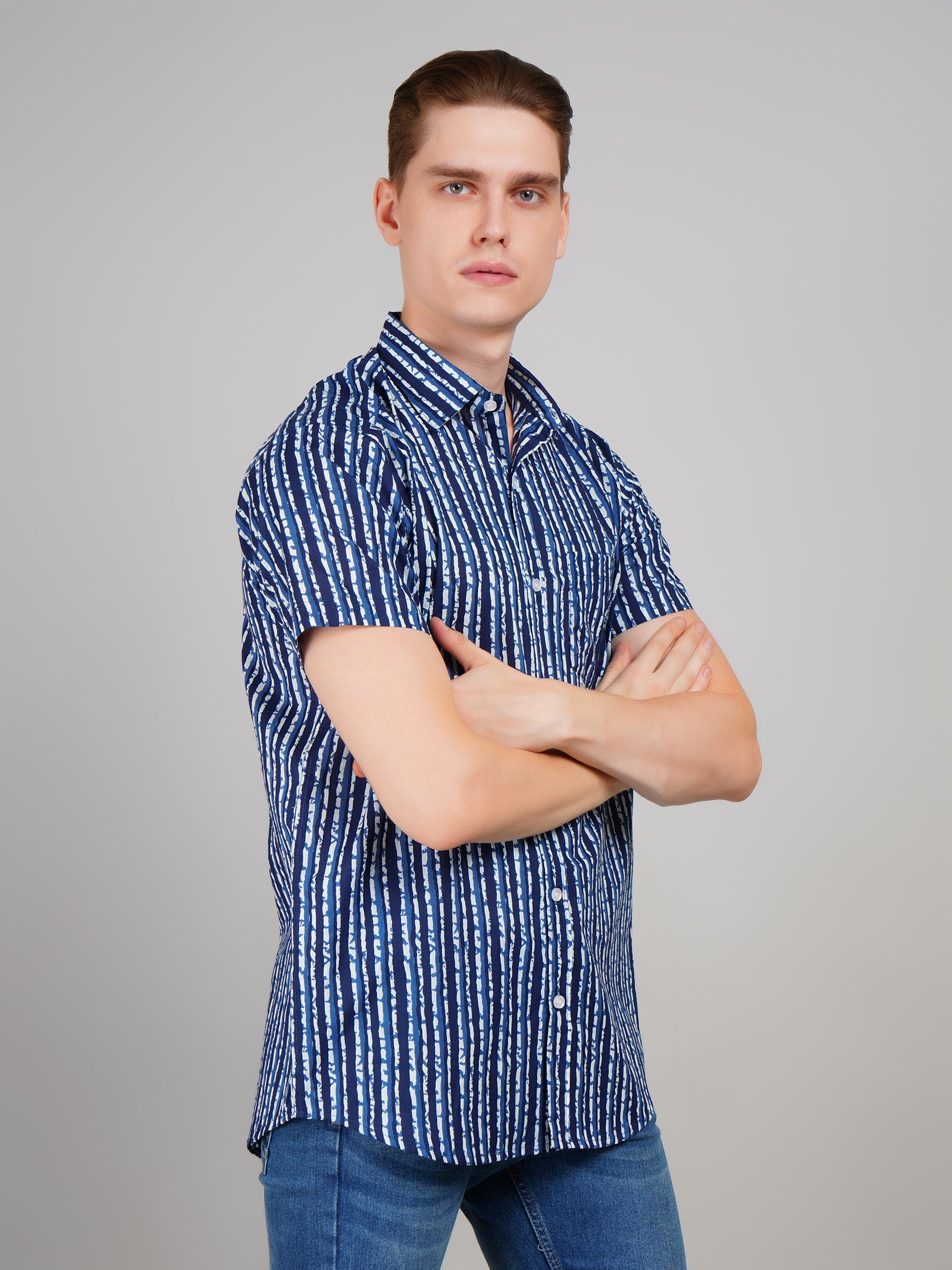 Louis Monarch Premium Jaipuri Printed Cotton Stripe Half Sleeve Casual Shirt