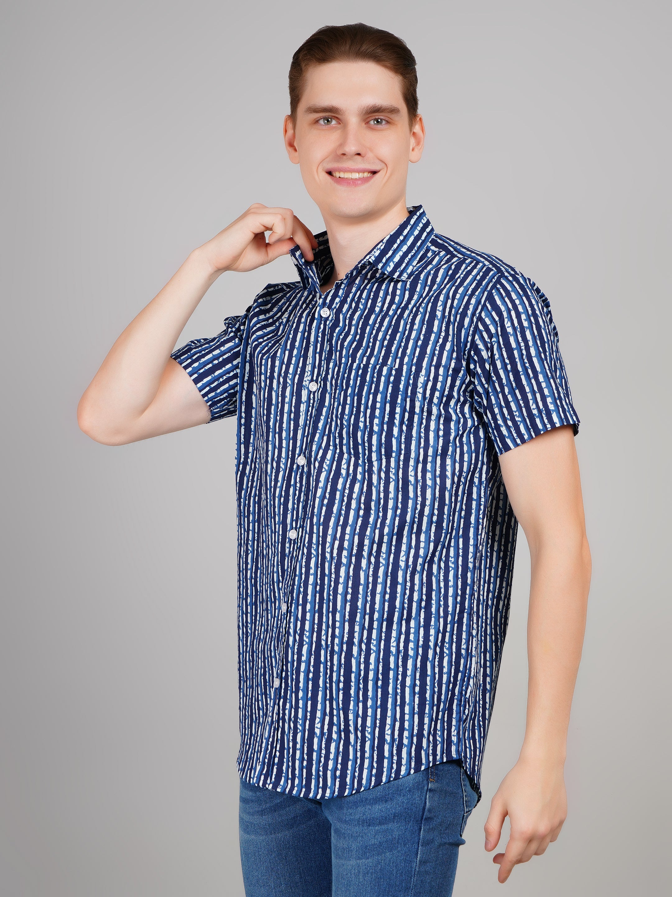 Louis Monarch Premium Jaipuri Printed Cotton Stripe Half Sleeve Casual Shirt