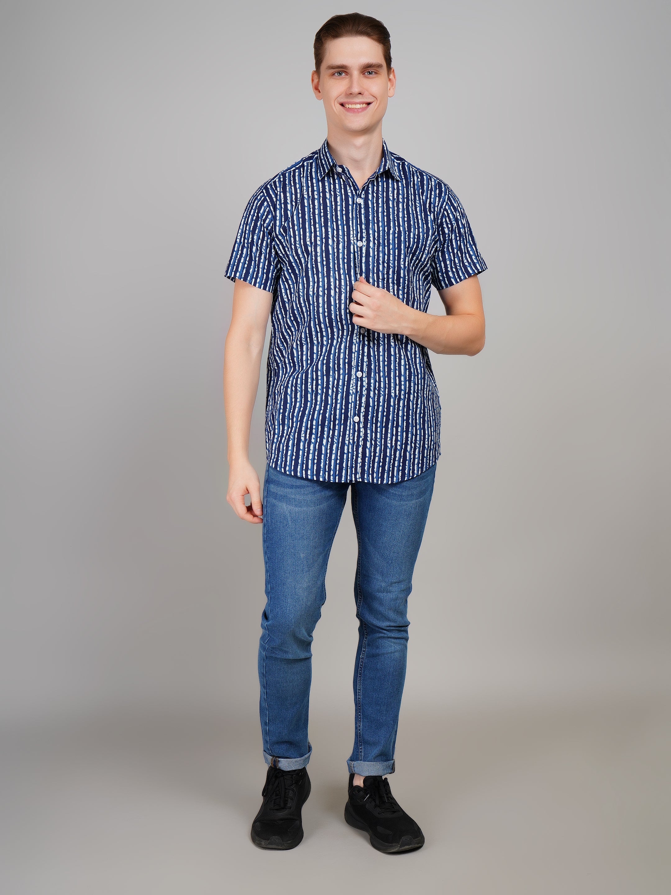 Louis Monarch Premium Jaipuri Printed Cotton Stripe Half Sleeve Casual Shirt