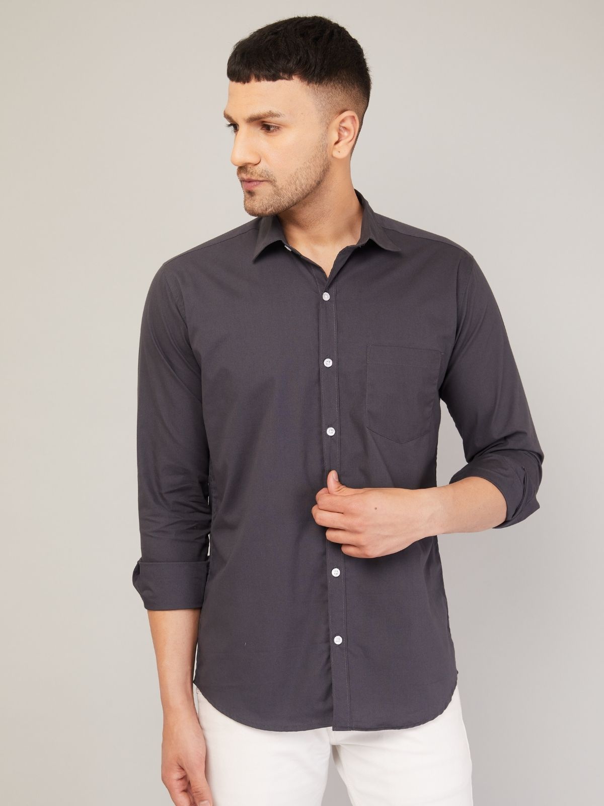 Louis Monarch Men Regular Fit Solid Spread  Collar Casual Grey Color Shirt