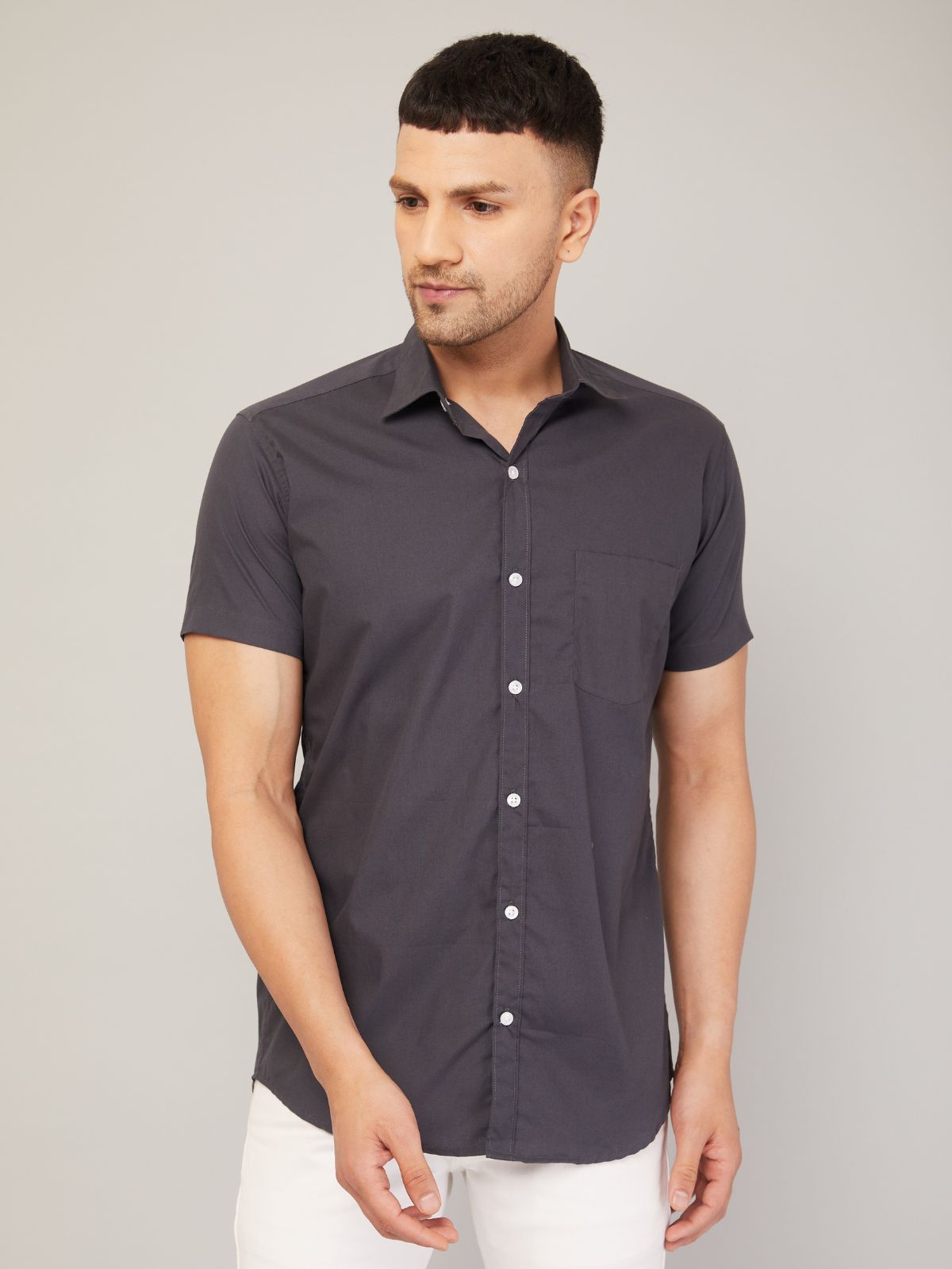 Louis Monarch's Men Regular Fit Solid Grey Spread Collar Casual Half Shirt