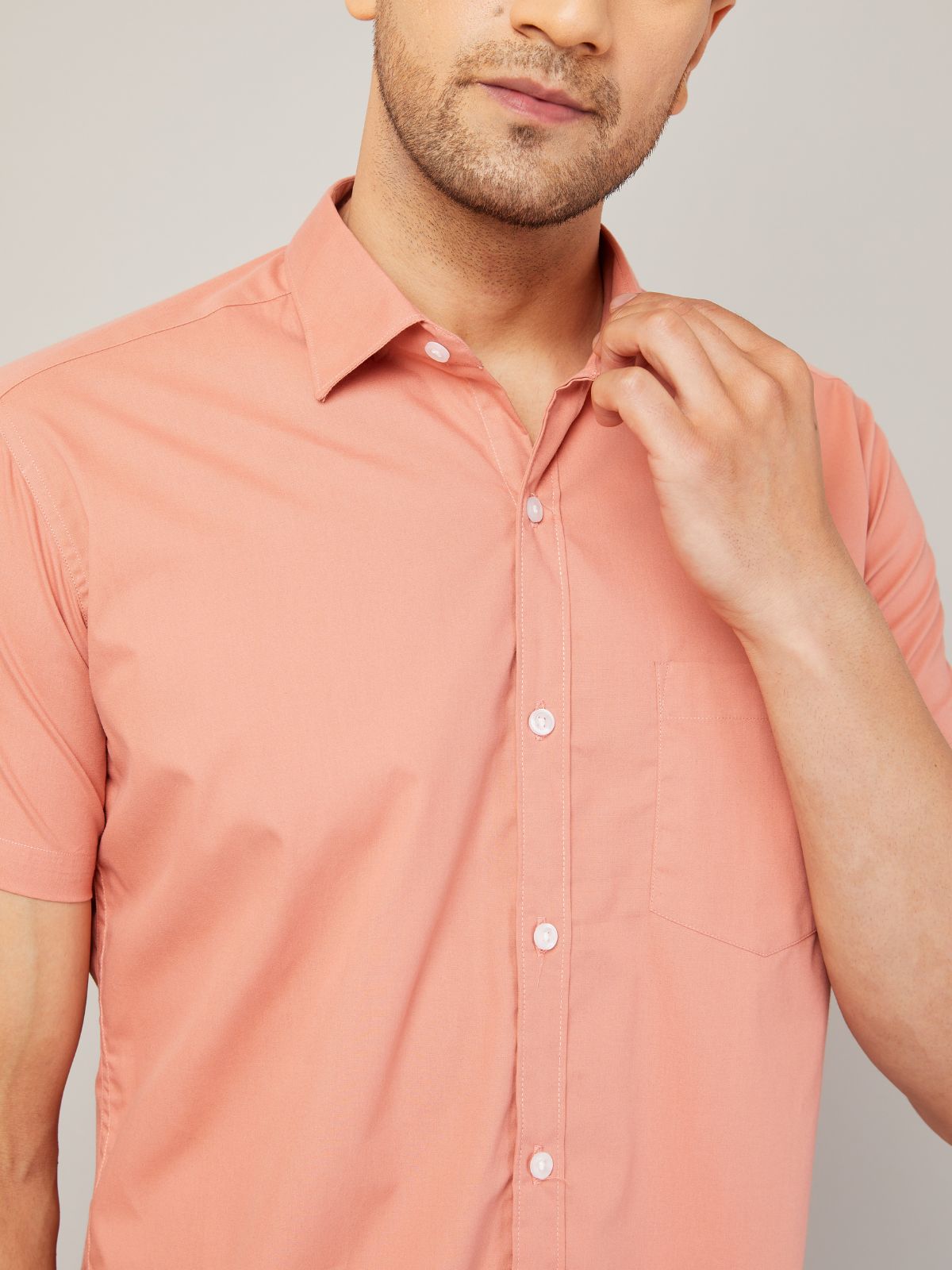 Louis Monarch's Men Regular Fit Solid Peach Spread Collar Casual Half Shirt