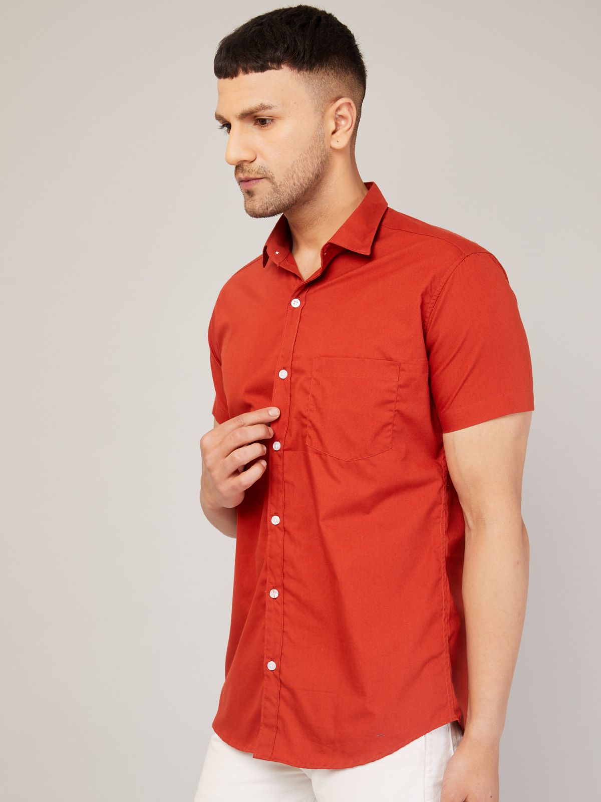 Louis Monarch's Men Regular Fit Solid Orange Spread Collar Casual Half Shirt