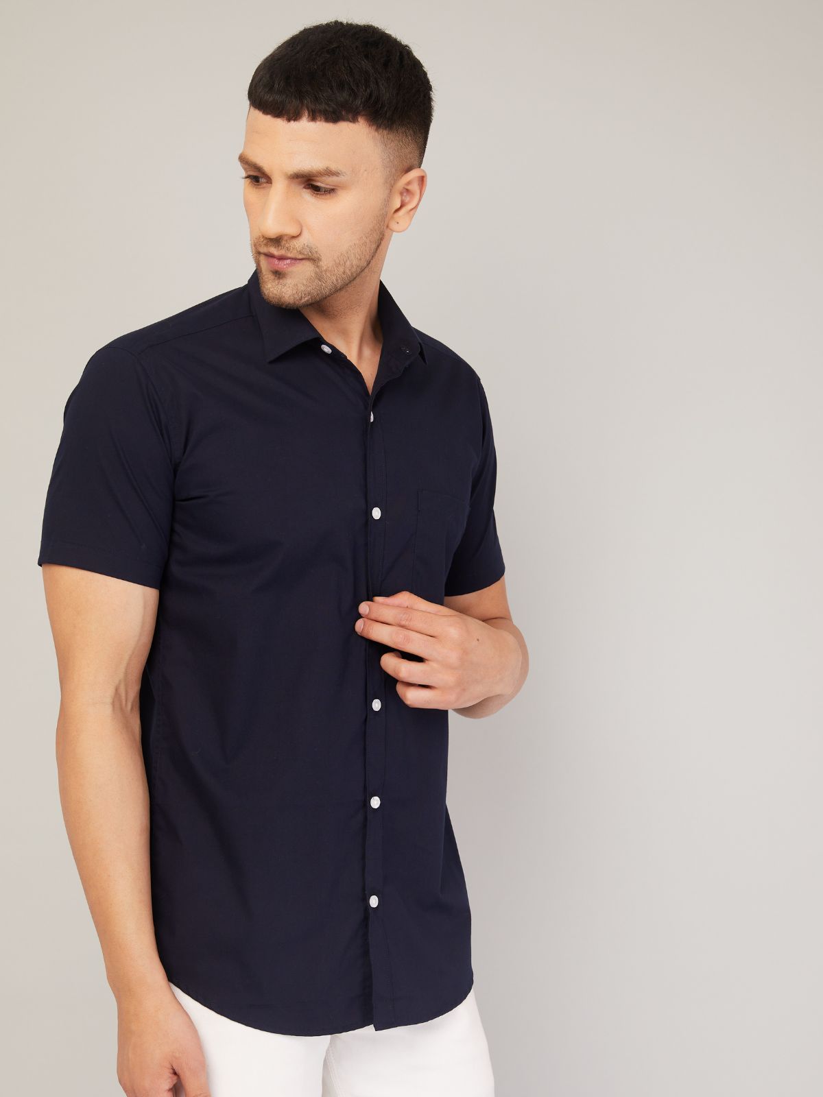 Louis Monarch's Men Regular Fit Solid Navy Blue Spread Collar Casual Half Shirt