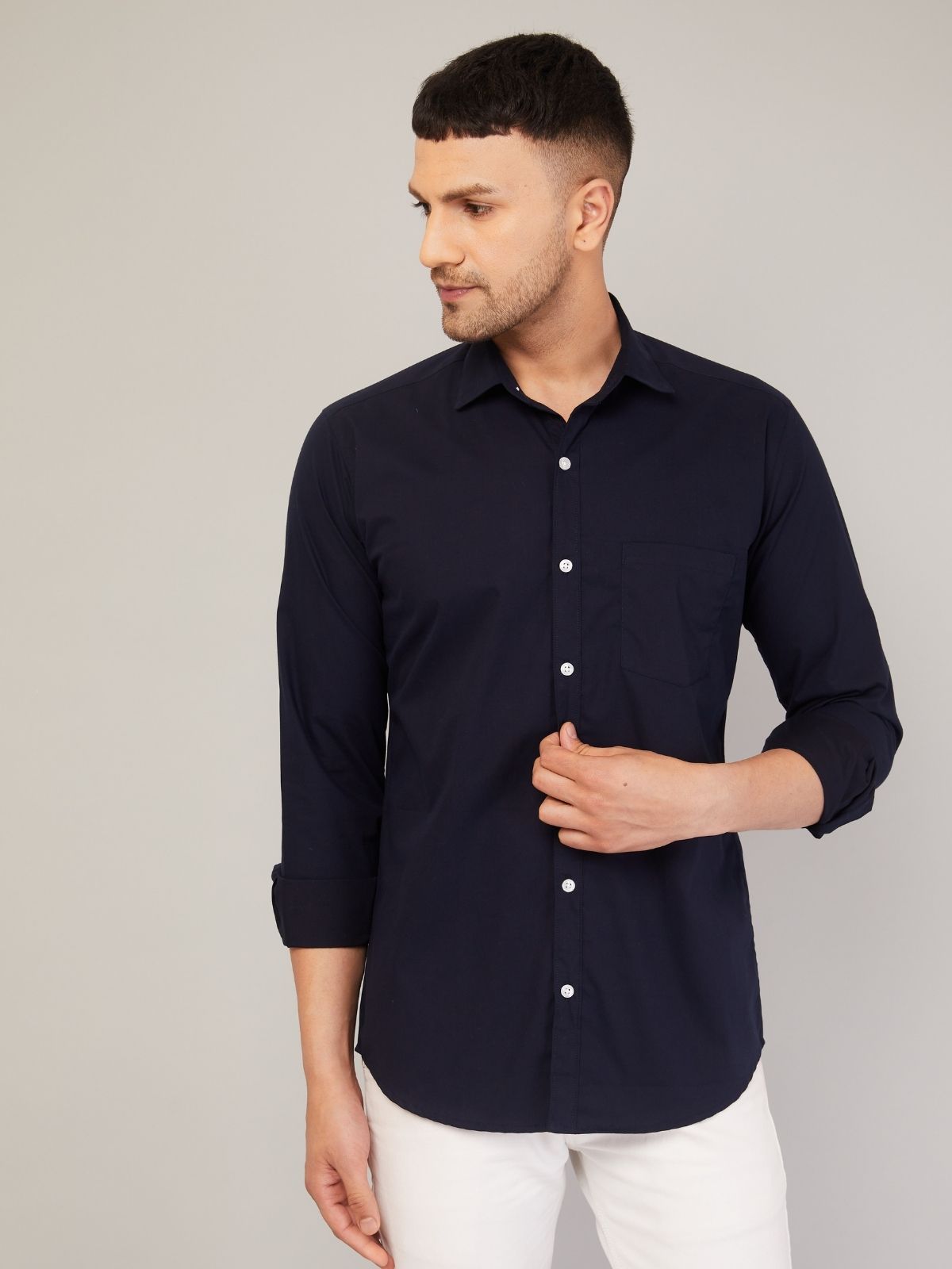 Louis Monarch Men Regular Fit Solid Spread  Collar Casual Navy Blue Color Shirt
