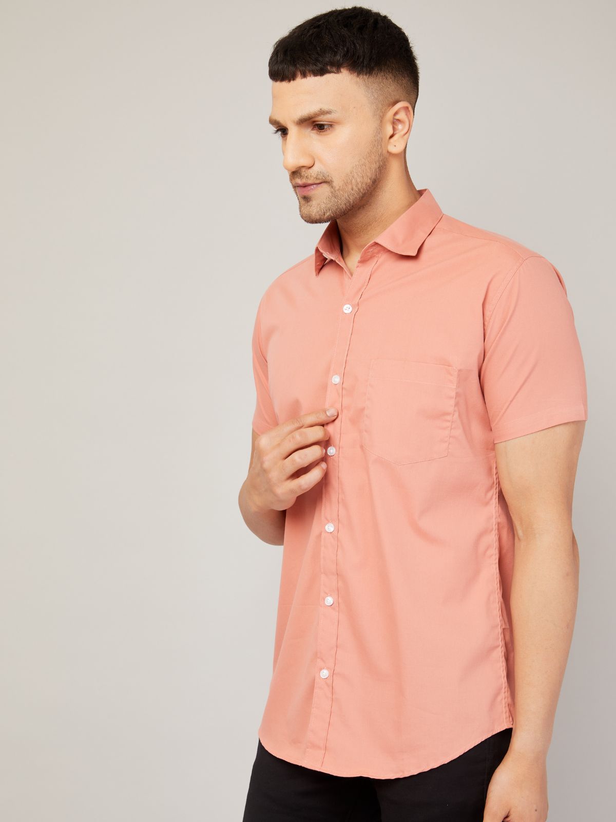 Louis Monarch's Men Regular Fit Solid Peach Spread Collar Casual Half Shirt