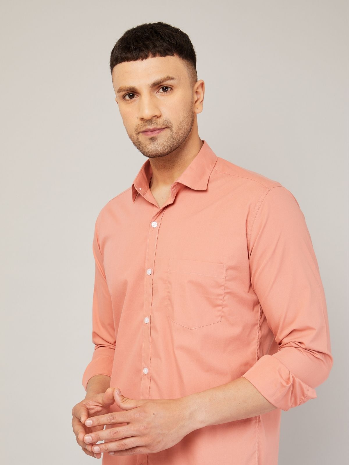 Louis Monarch Men Regular Fit Solid Spread  Collar Casual Peach Color Shirt