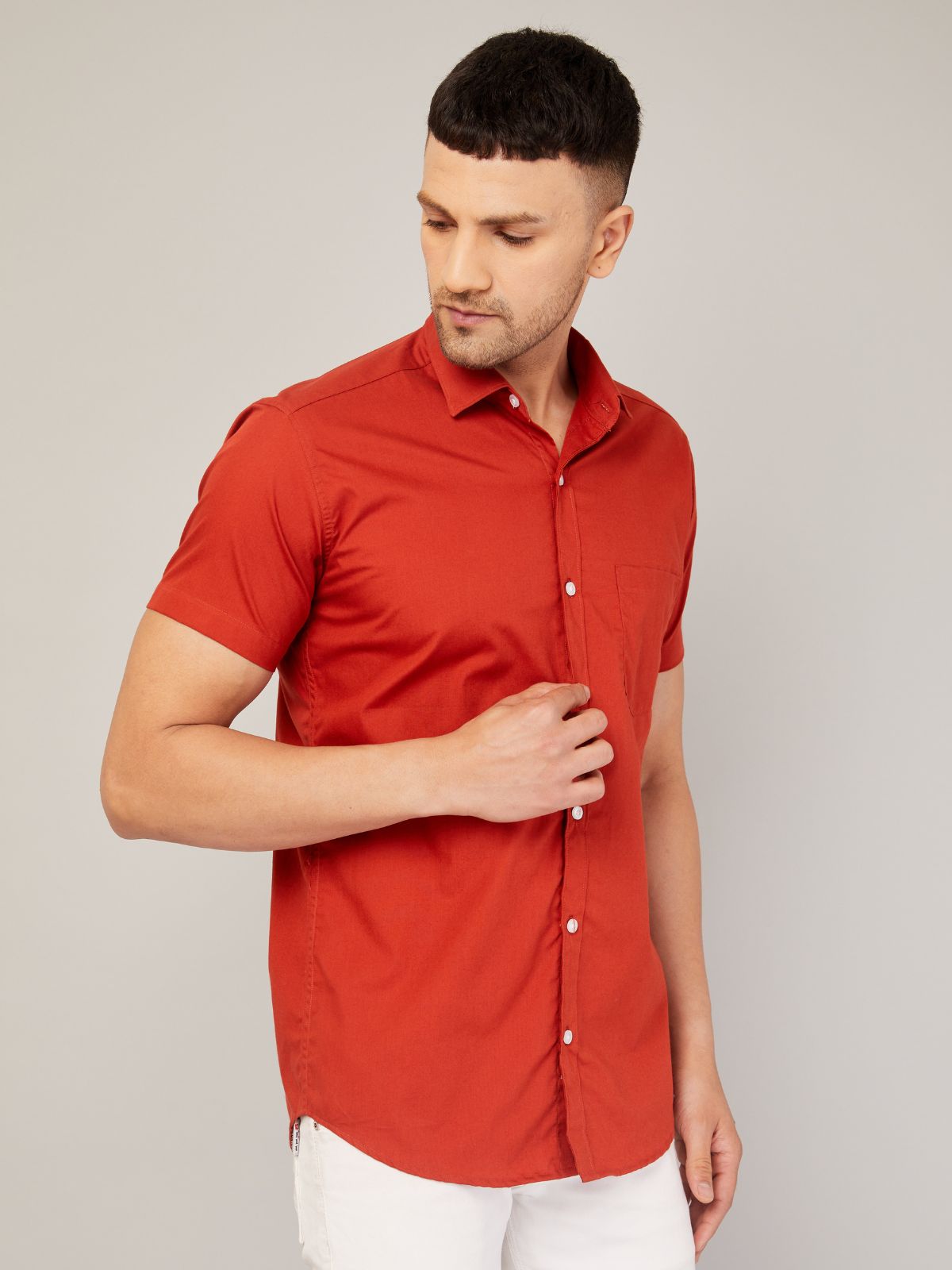 Louis Monarch's Men Regular Fit Solid Orange Spread Collar Casual Half Shirt