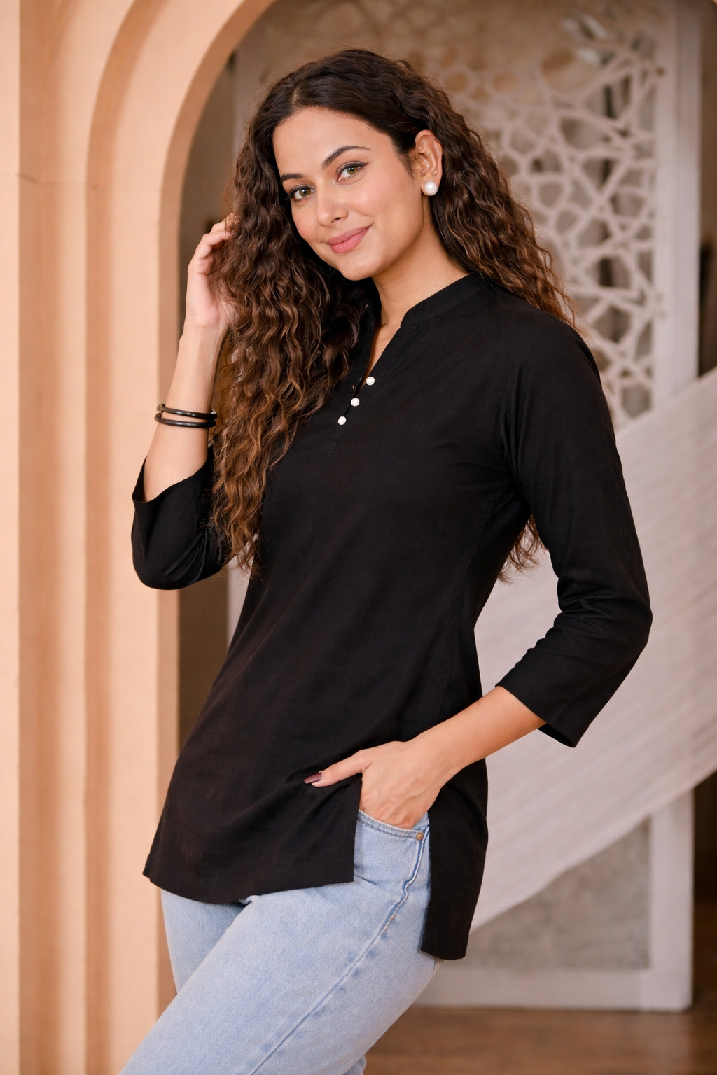 Nama’s Women Solid Black Straight Kurti Top