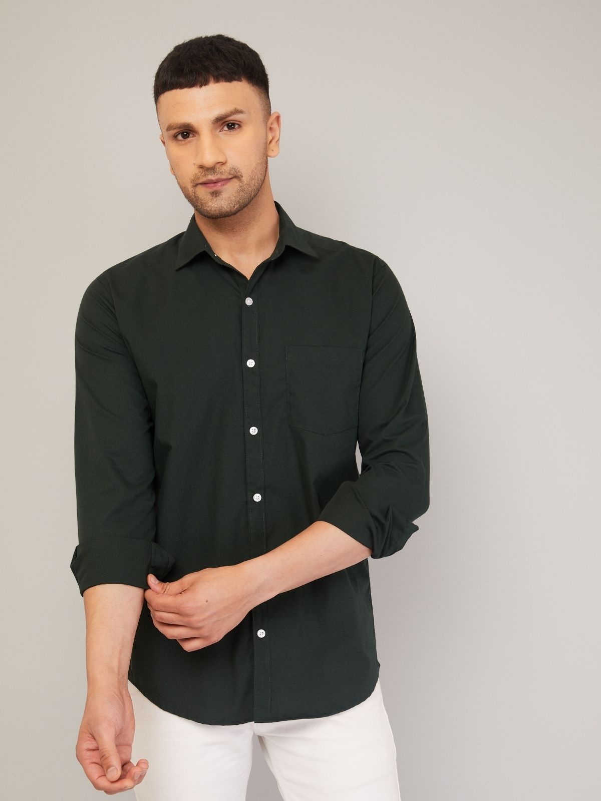 Louis Monarch Men Regular Fit Solid Spread  Collar Casual Dark Green Color Shirt