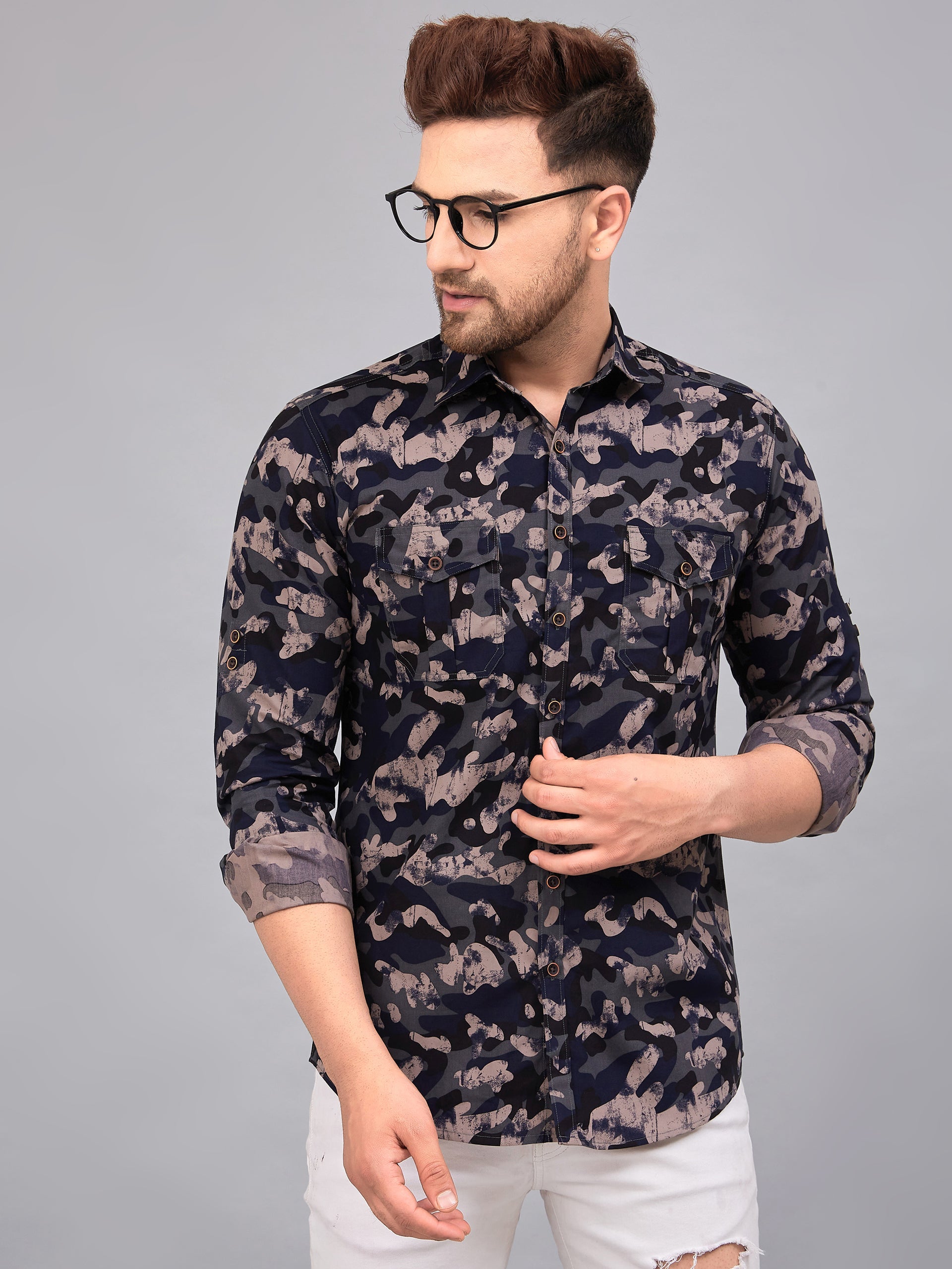 Louis Monarch Men Regular Fit Camouflage Grey Printed Spread Collar Casual Shirt