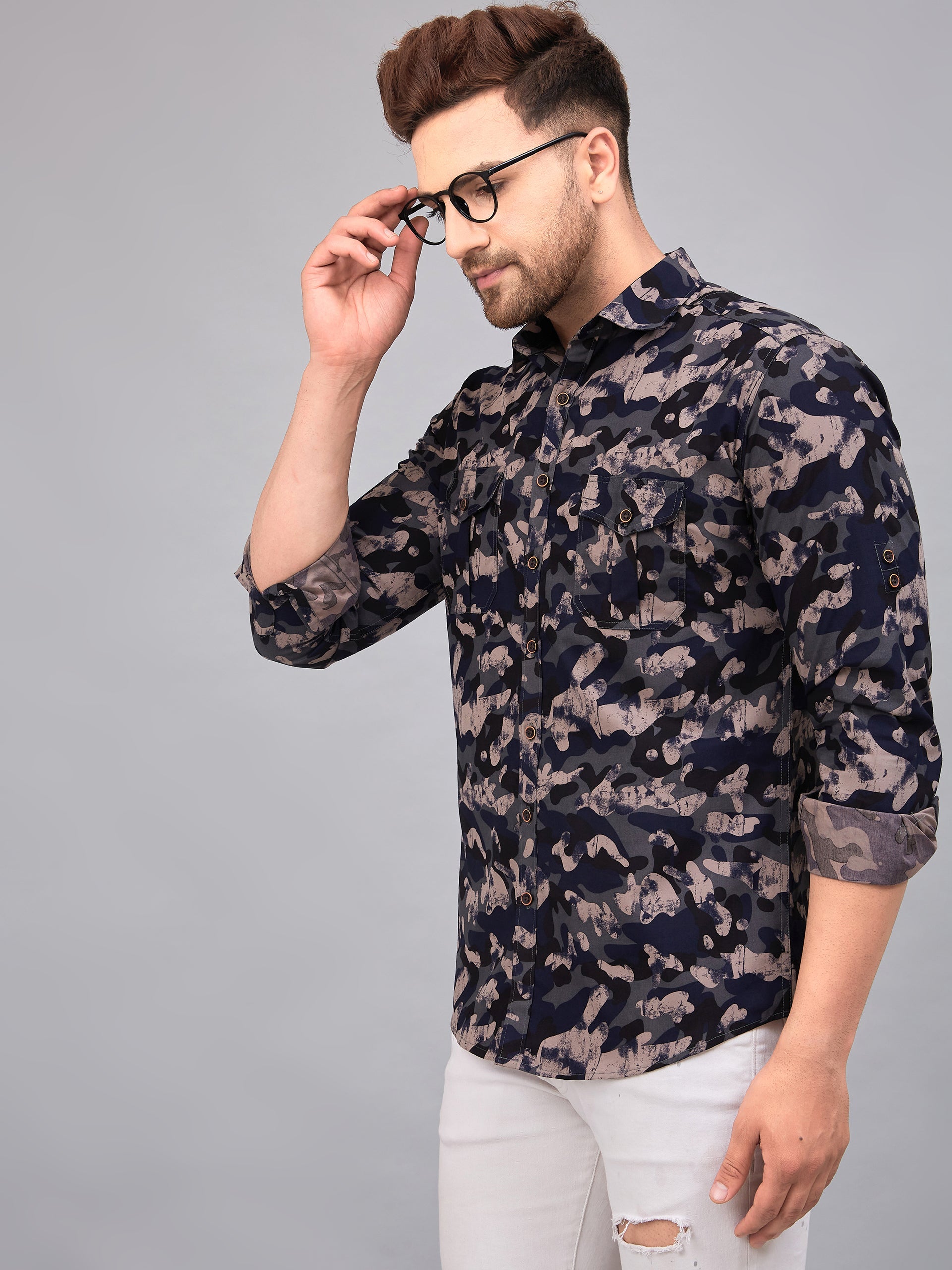 Louis Monarch Men Regular Fit Camouflage Grey Printed Spread Collar Casual Shirt