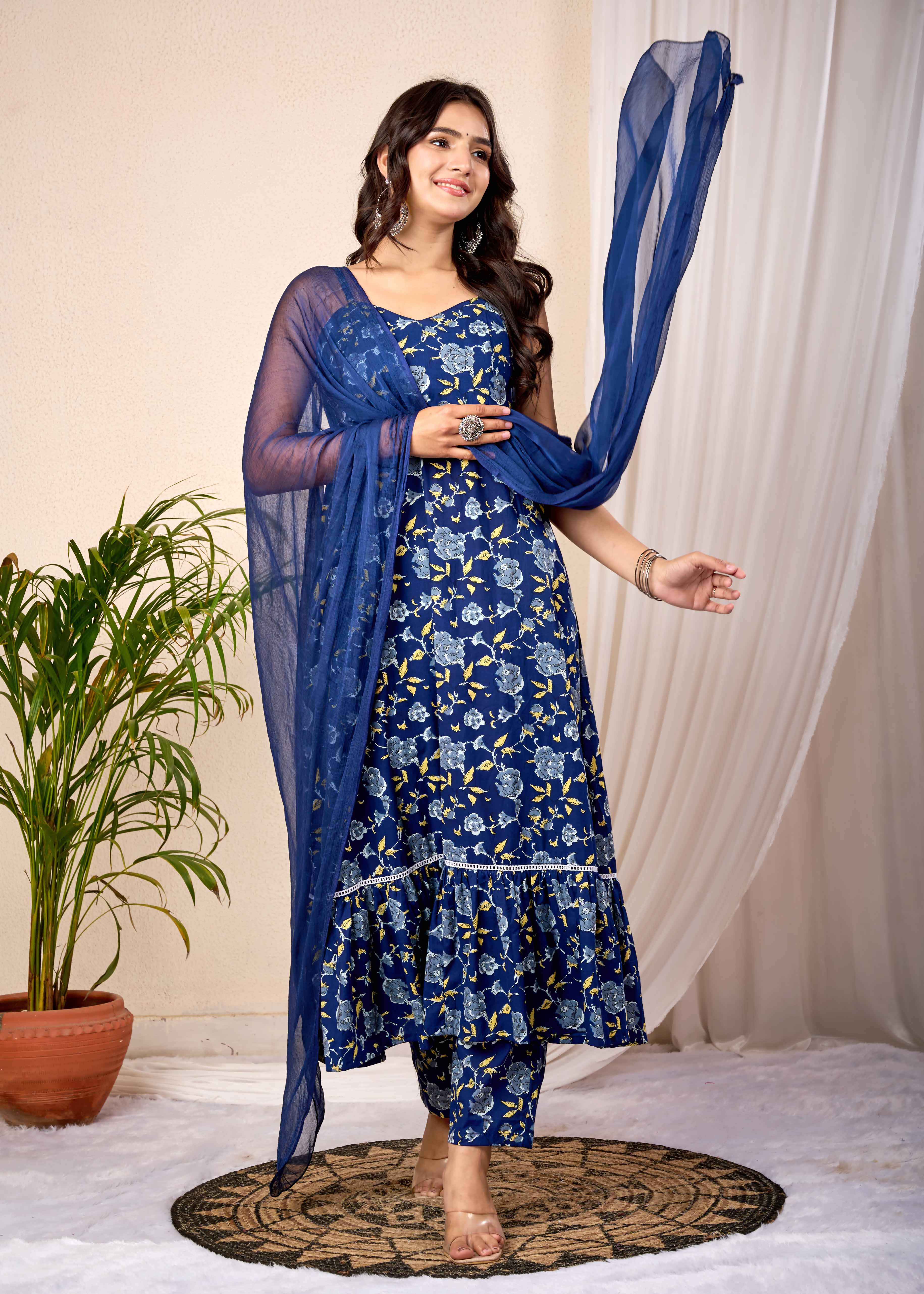 BLUE ORCHID HAND CRAFTED FLORAL COTTON  SUIT SET