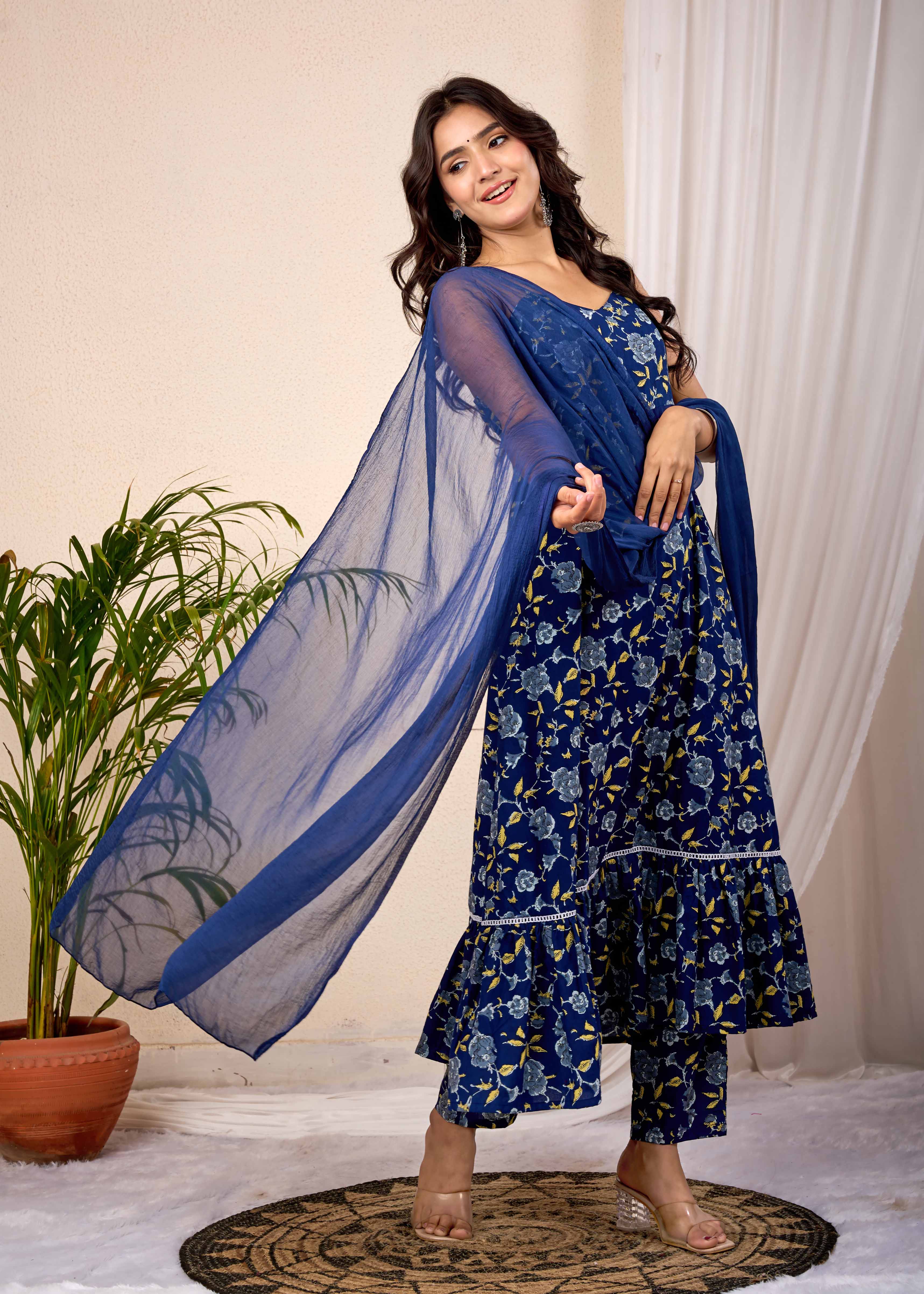 BLUE ORCHID HAND CRAFTED FLORAL COTTON  SUIT SET