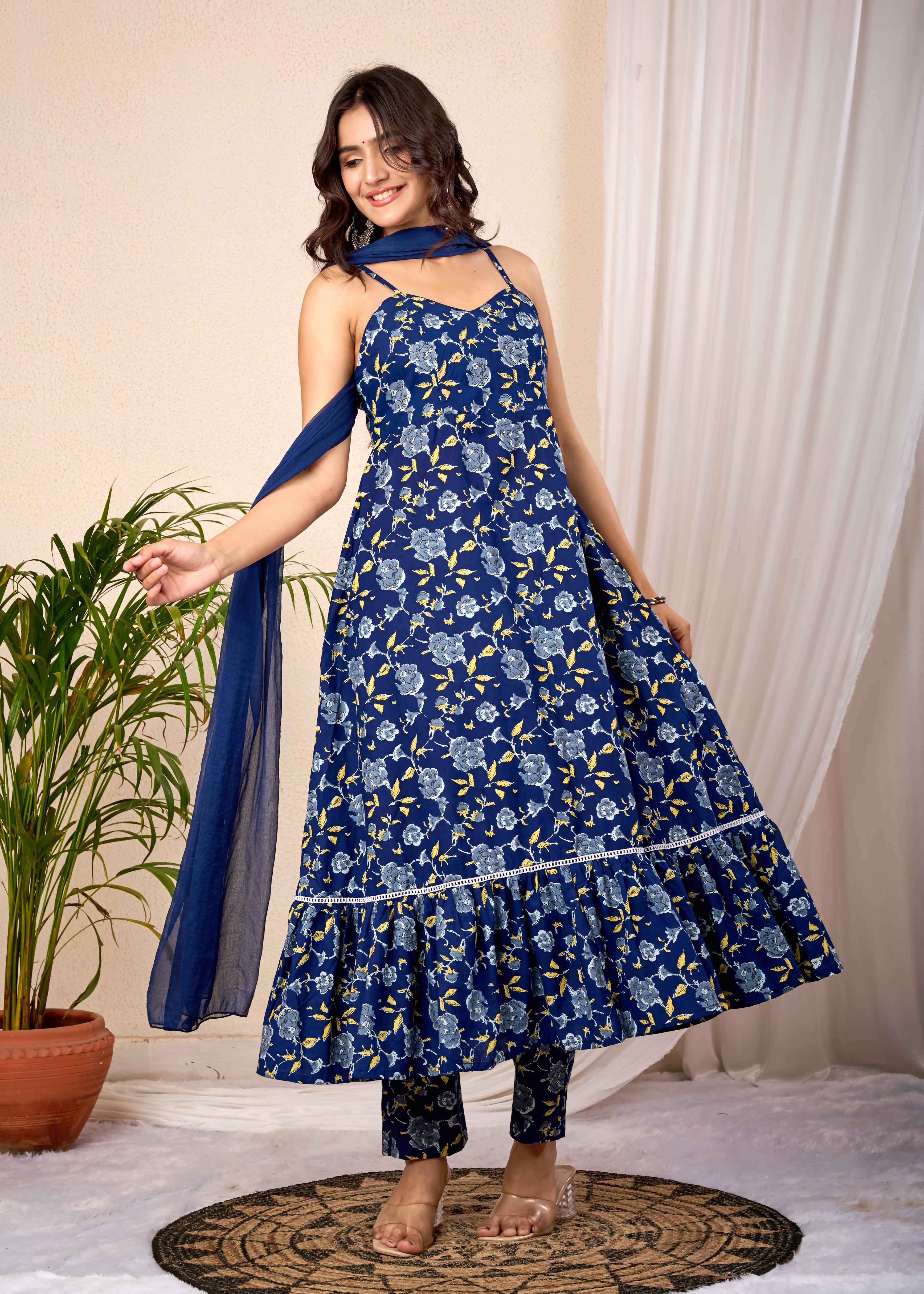 BLUE ORCHID HAND CRAFTED FLORAL COTTON  SUIT SET