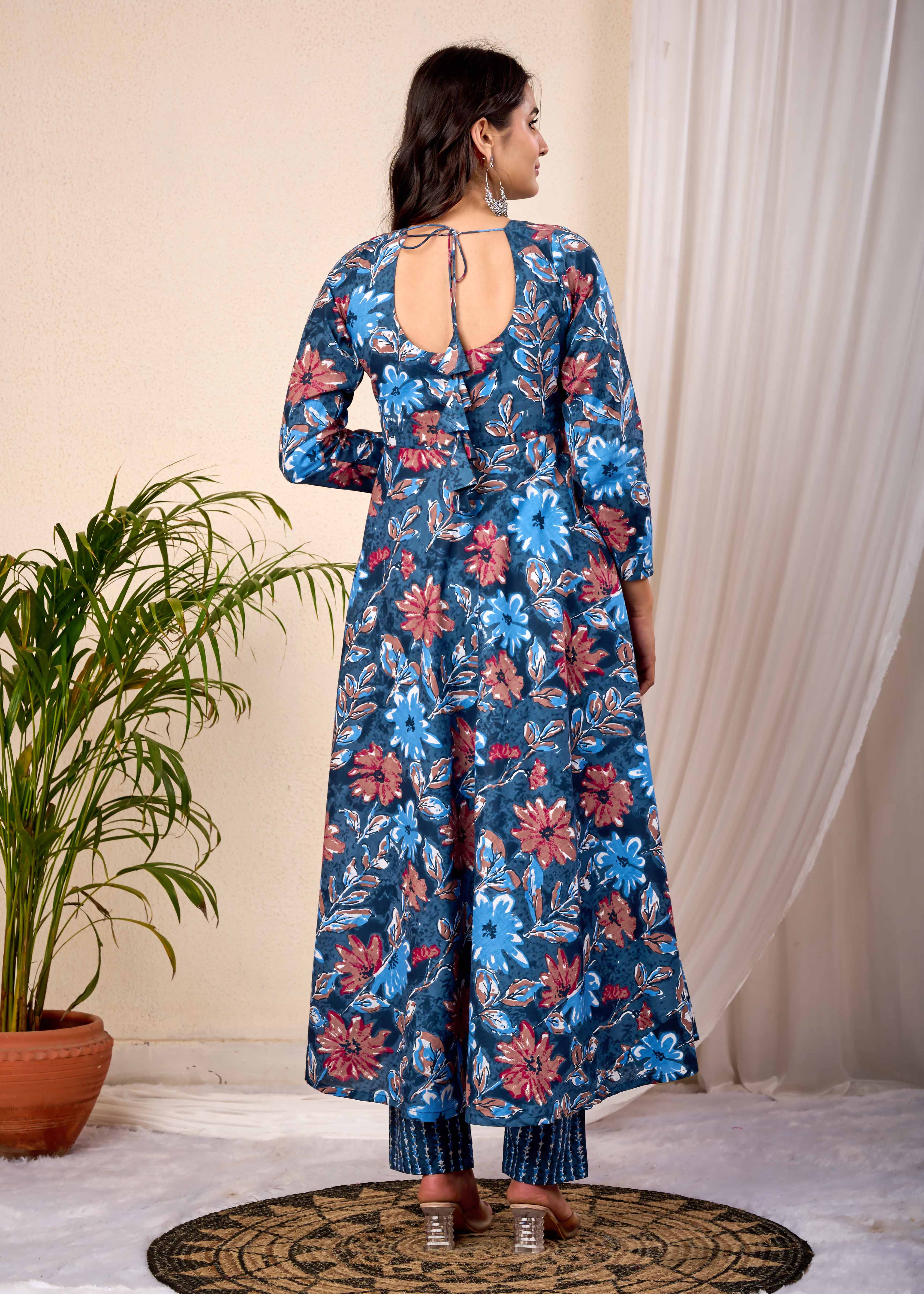 BLUE BLOOMS HAND CRAFTED FLORAL ANARKALI SUIT SET