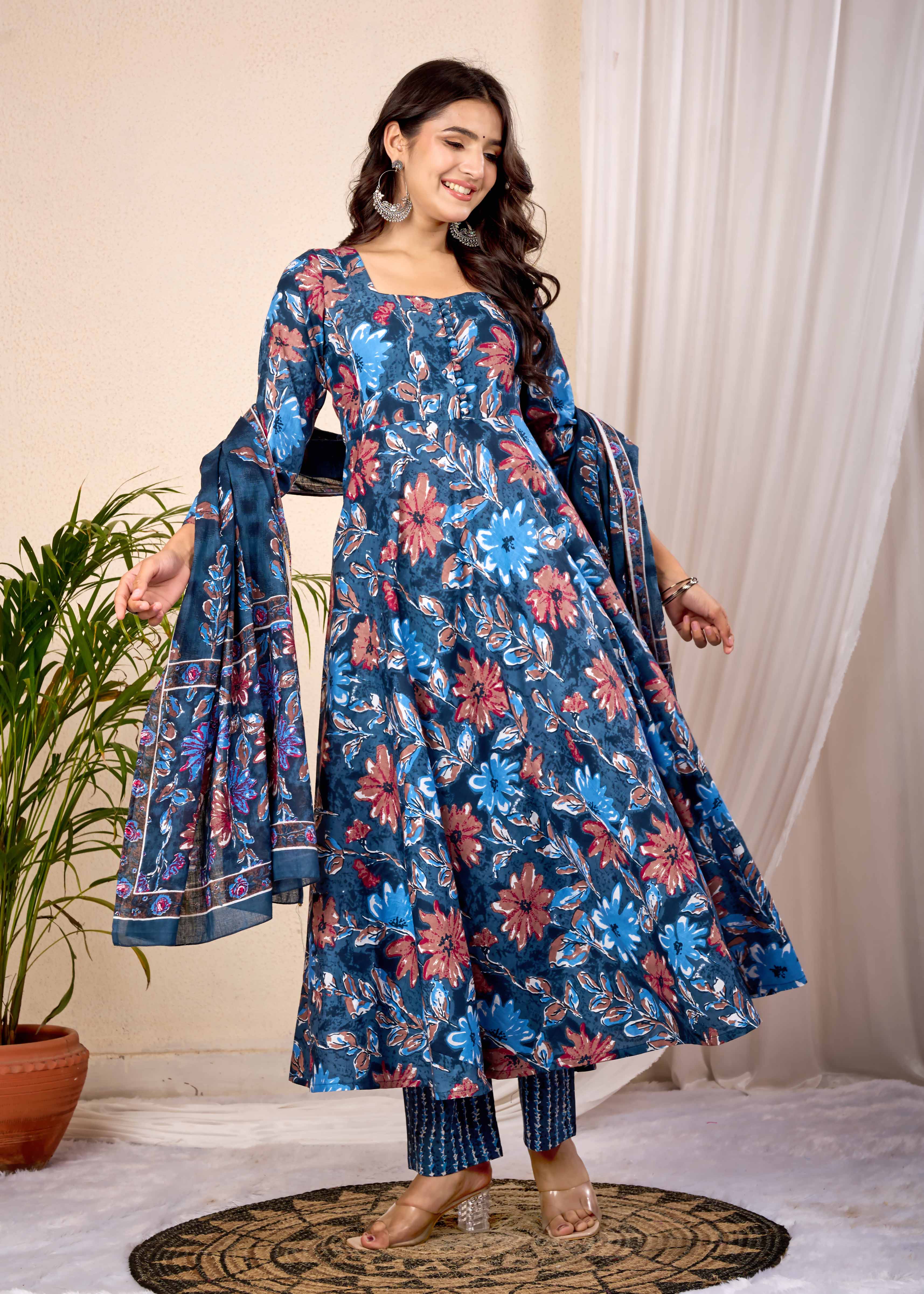 BLUE BLOOMS HAND CRAFTED FLORAL ANARKALI SUIT SET