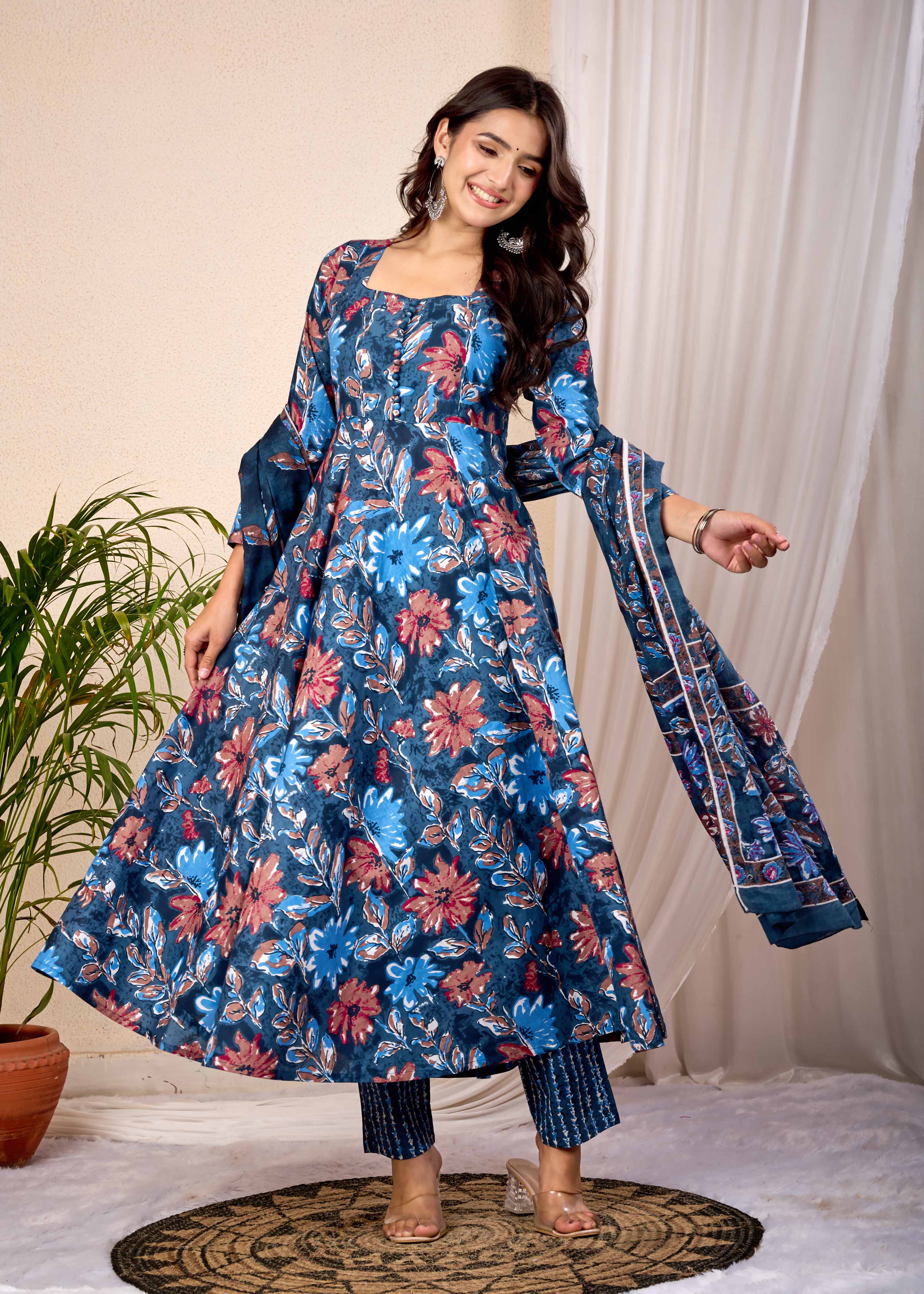 BLUE BLOOMS HAND CRAFTED FLORAL ANARKALI SUIT SET