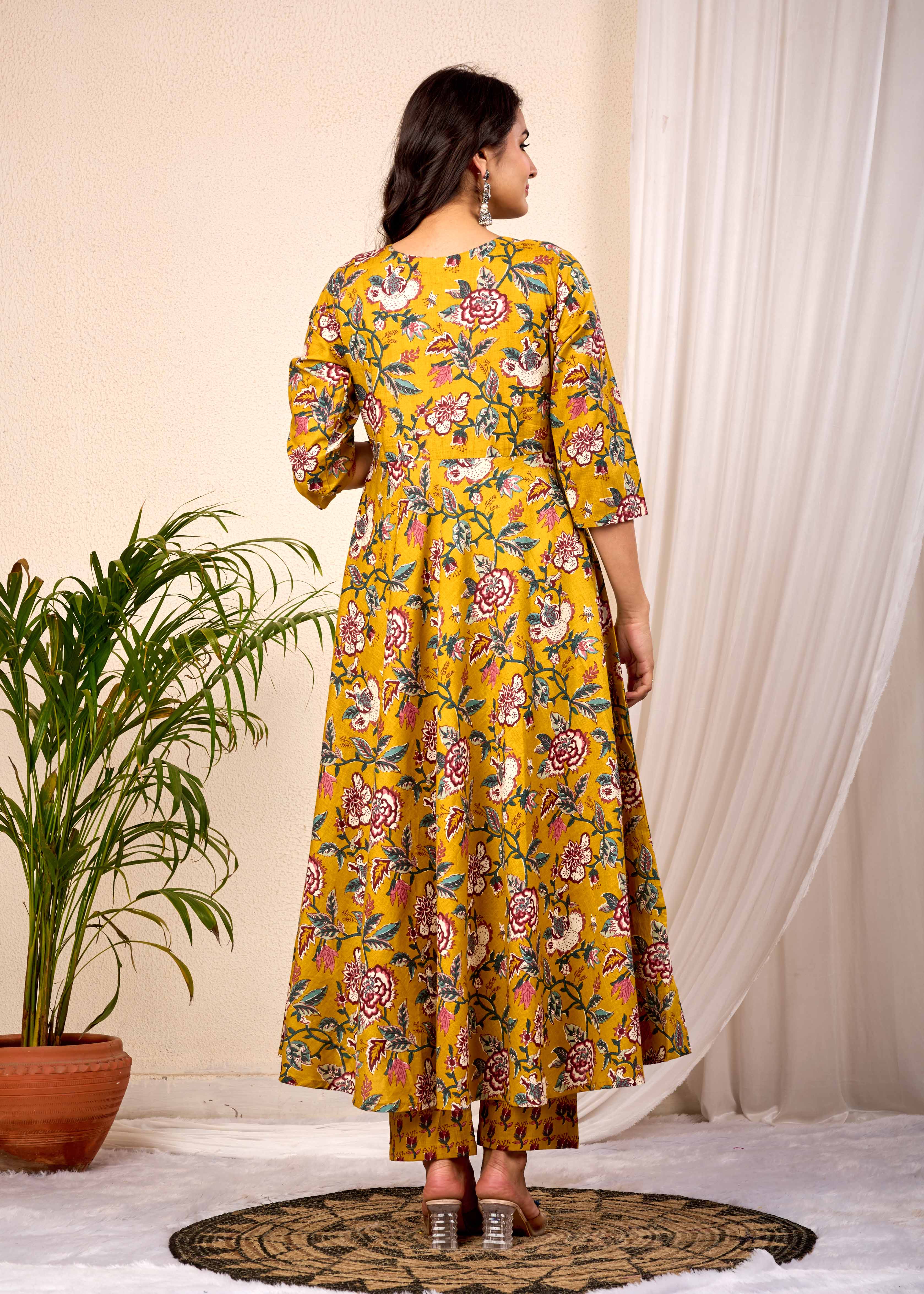 SUNLIGHT BLUSH HAND CRAFTED FLORAL ANAKALI COTTON SUIT SET