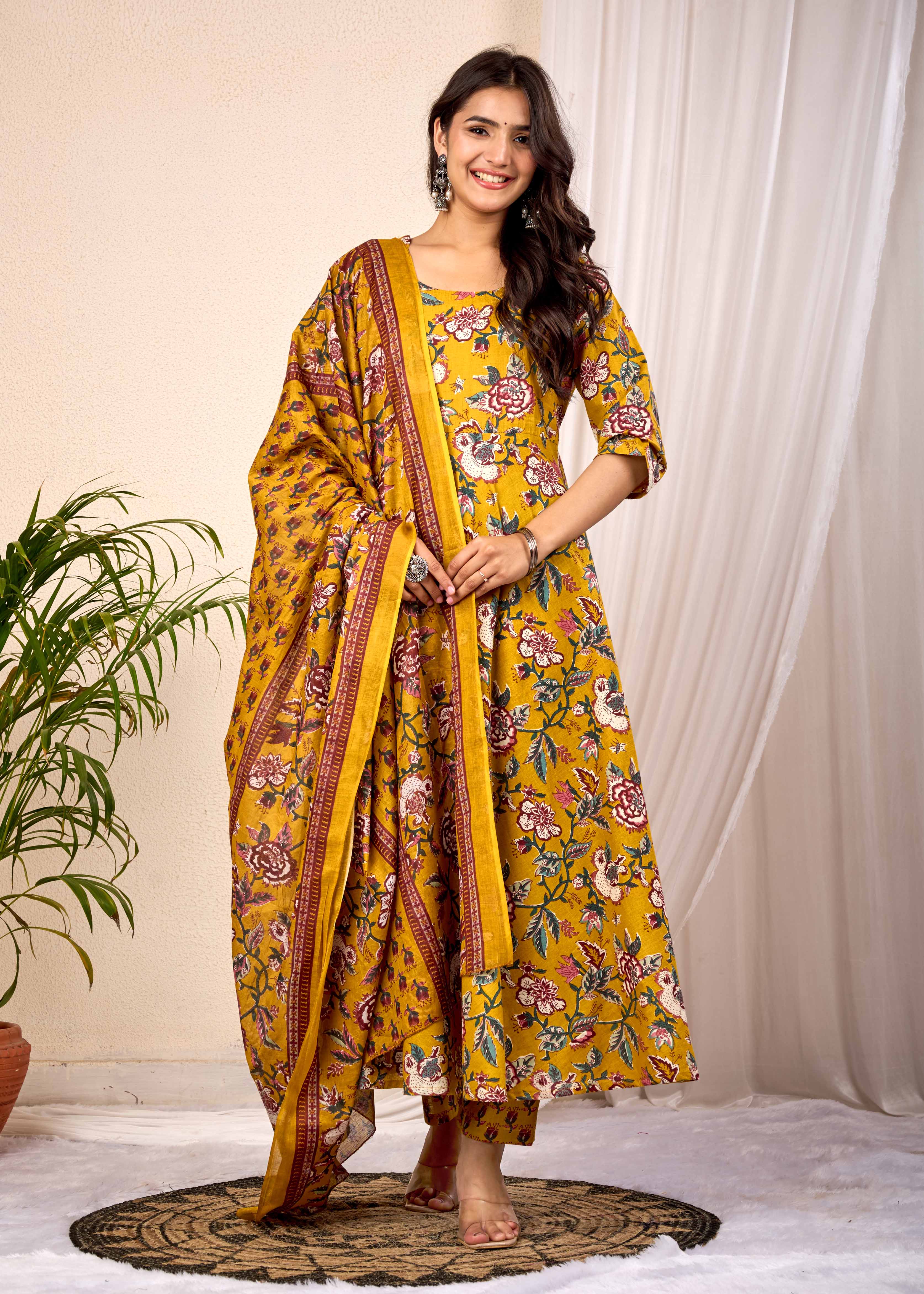 SUNLIGHT BLUSH HAND CRAFTED FLORAL ANAKALI COTTON SUIT SET