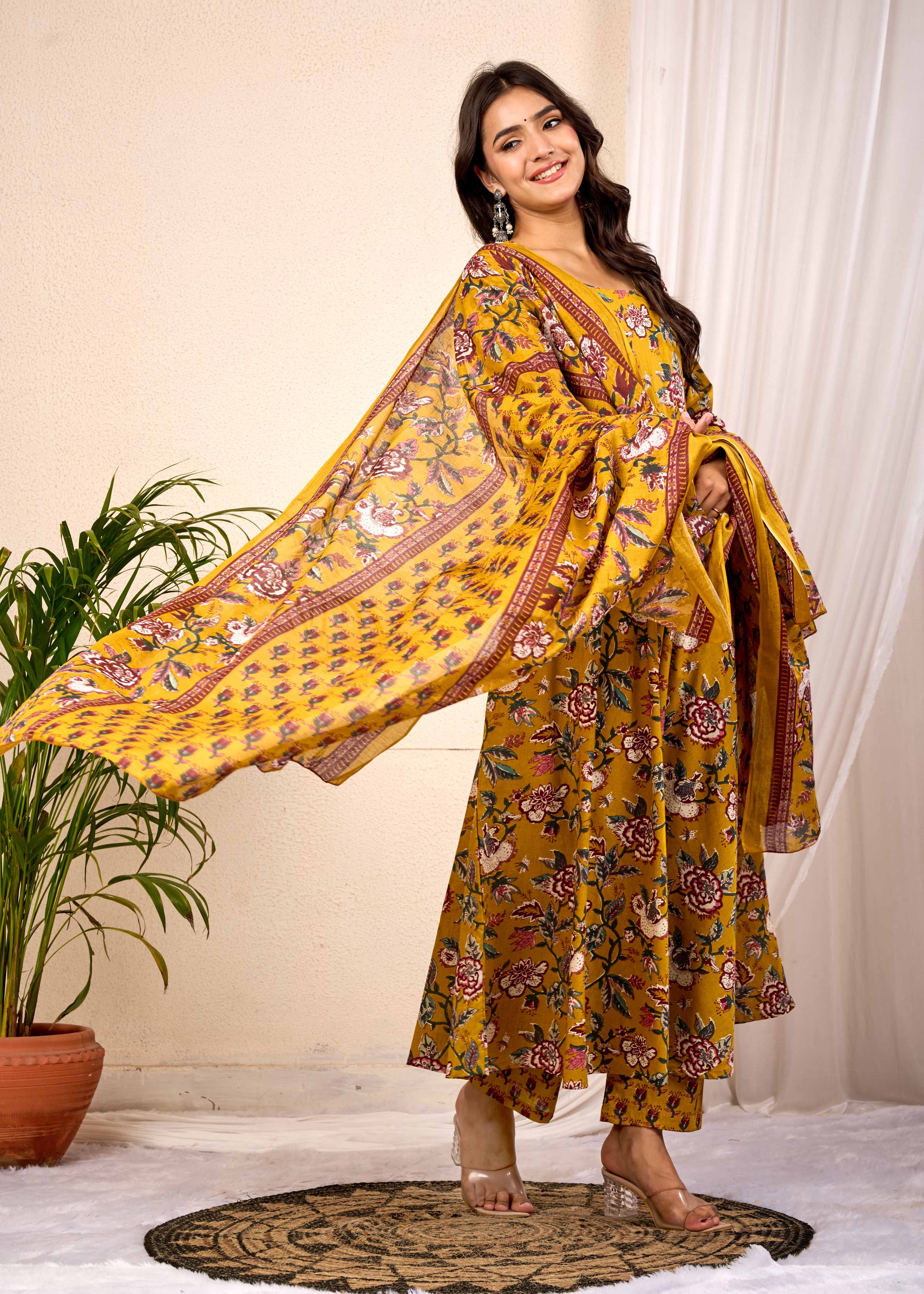 SUNLIGHT BLUSH HAND CRAFTED FLORAL ANAKALI COTTON SUIT SET