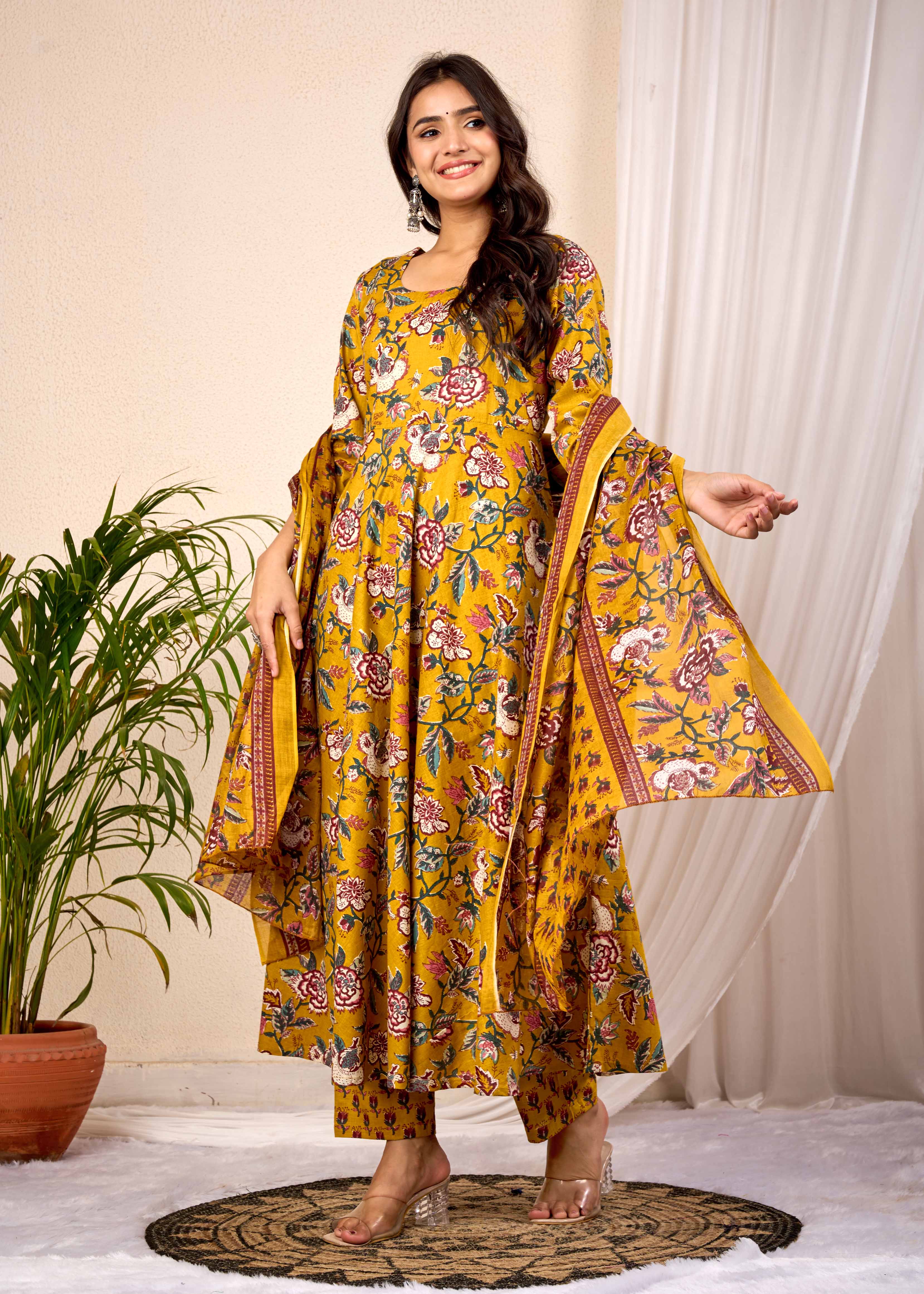 SUNLIGHT BLUSH HAND CRAFTED FLORAL ANAKALI COTTON SUIT SET